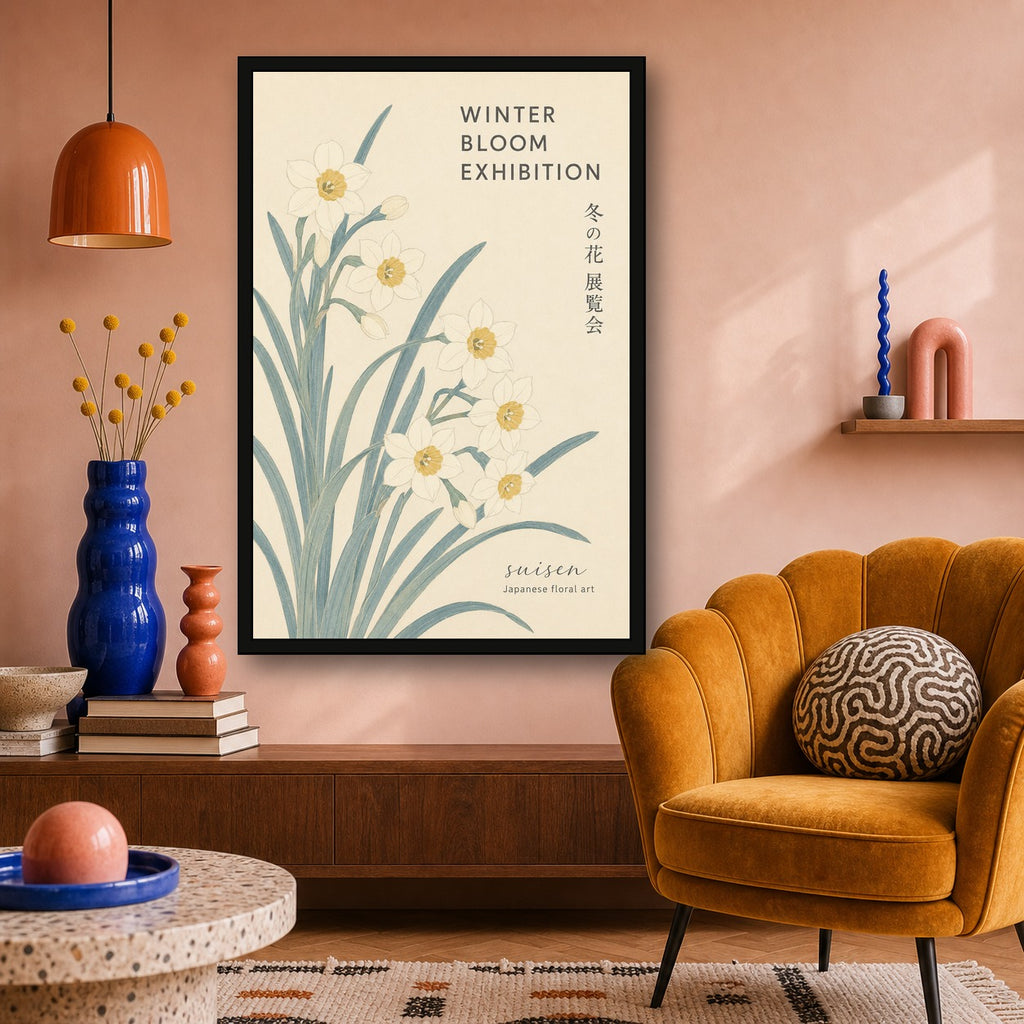 Suisen Japanese Floral Art Poster, Daffodil Bloom Exhibition Print, Serene Botanical Wall Art - 2x3 room mockup