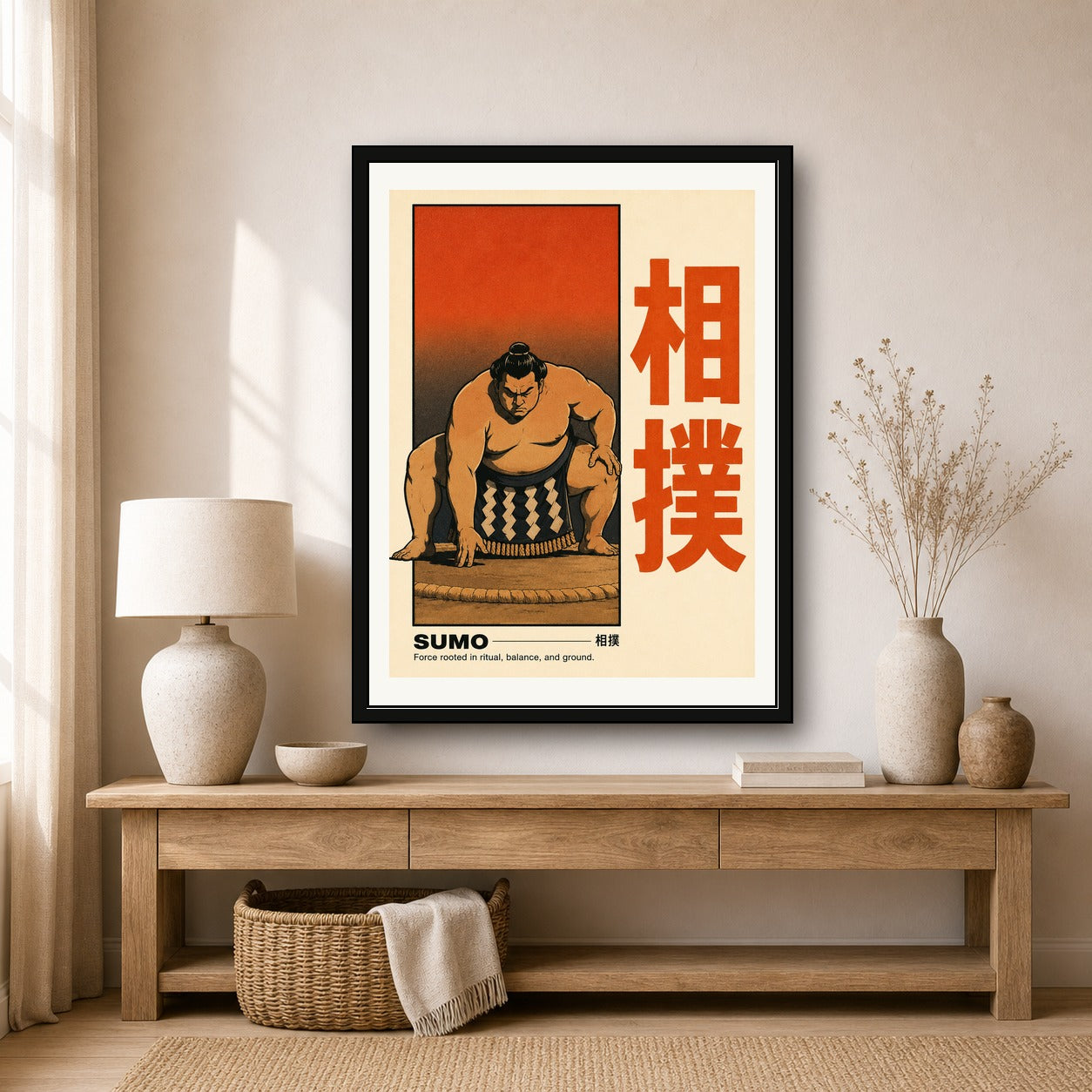 Sumo Wrestler Japanese Art Poster, Vintage Japan Travel Print, Ukiyo-e Inspired Dojo Wall Art - corrected 3x4 room mockup