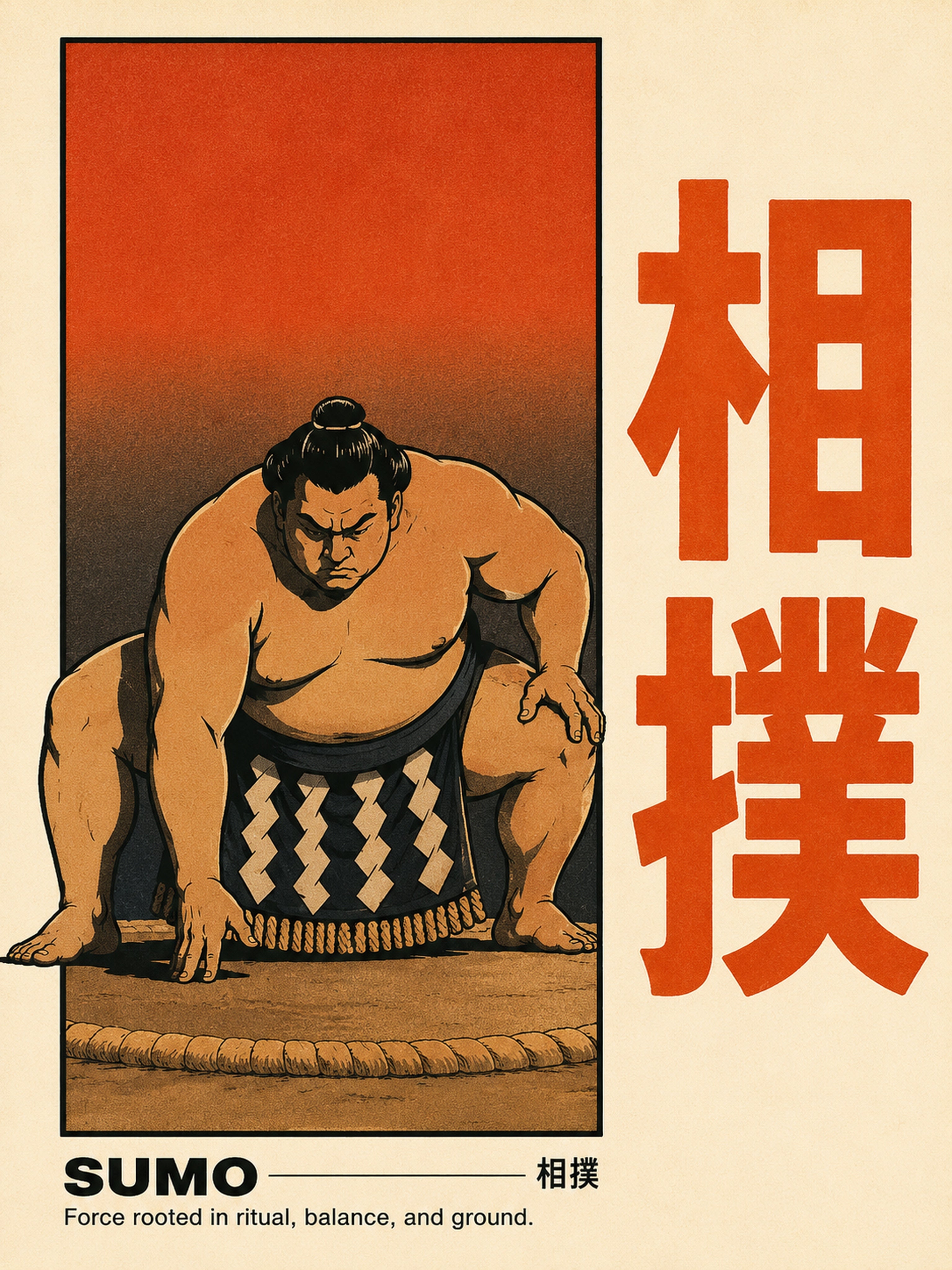 Sumo Wrestler Japanese Art Poster, Vintage Japan Travel Print, Ukiyo-e Inspired Dojo Wall Art - corrected 3x4 flat artwork