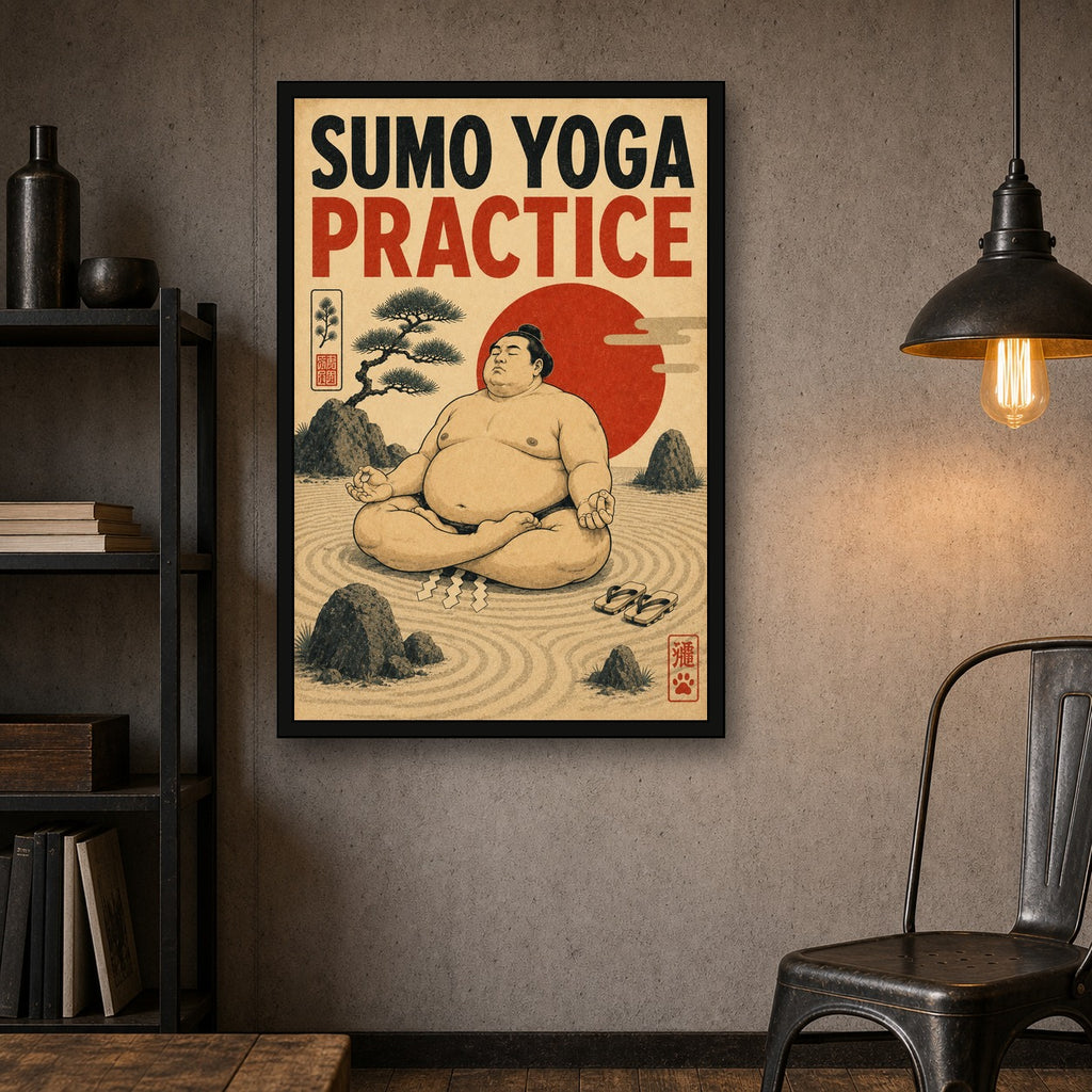 Sumo Yoga Practice Japanese Retro Poster Print - 2x3 room mockup