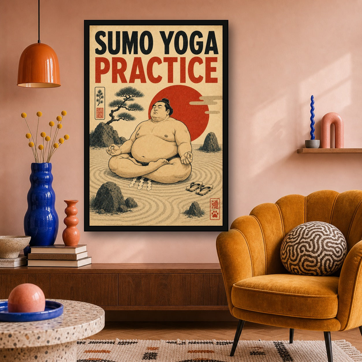 Sumo Yoga Practice Japanese Retro Poster Print - 2x3 room mockup