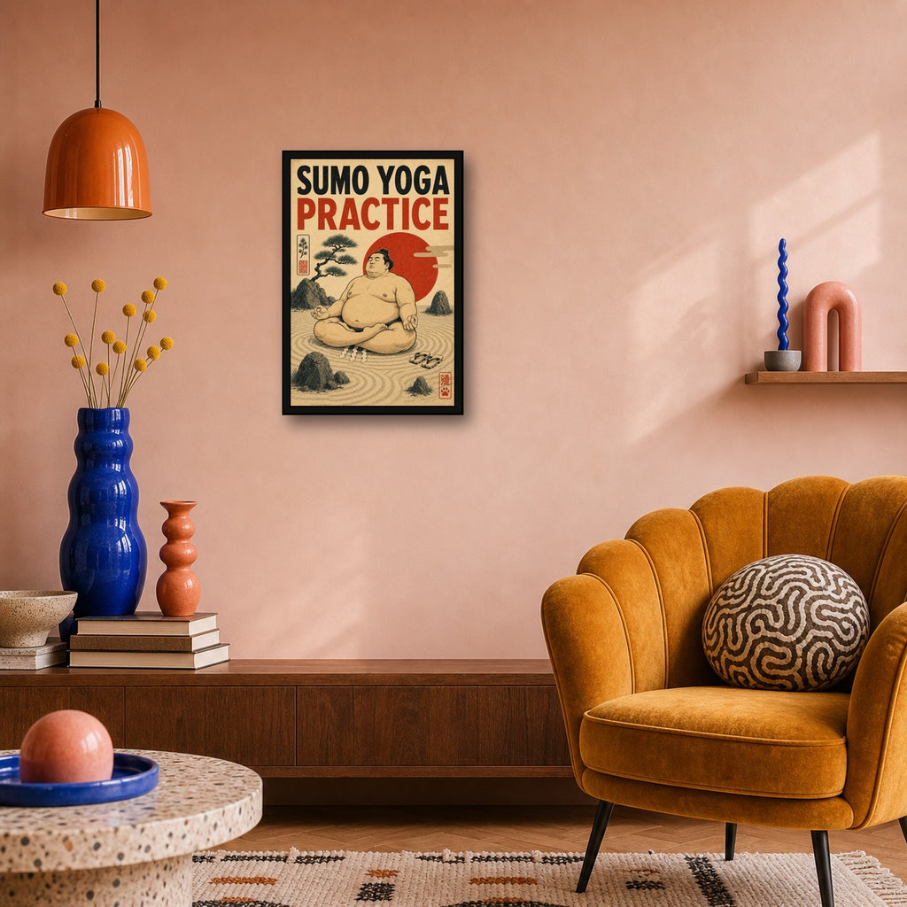 Sumo Yoga Practice Japanese Retro Poster Print - 2x3 room mockup