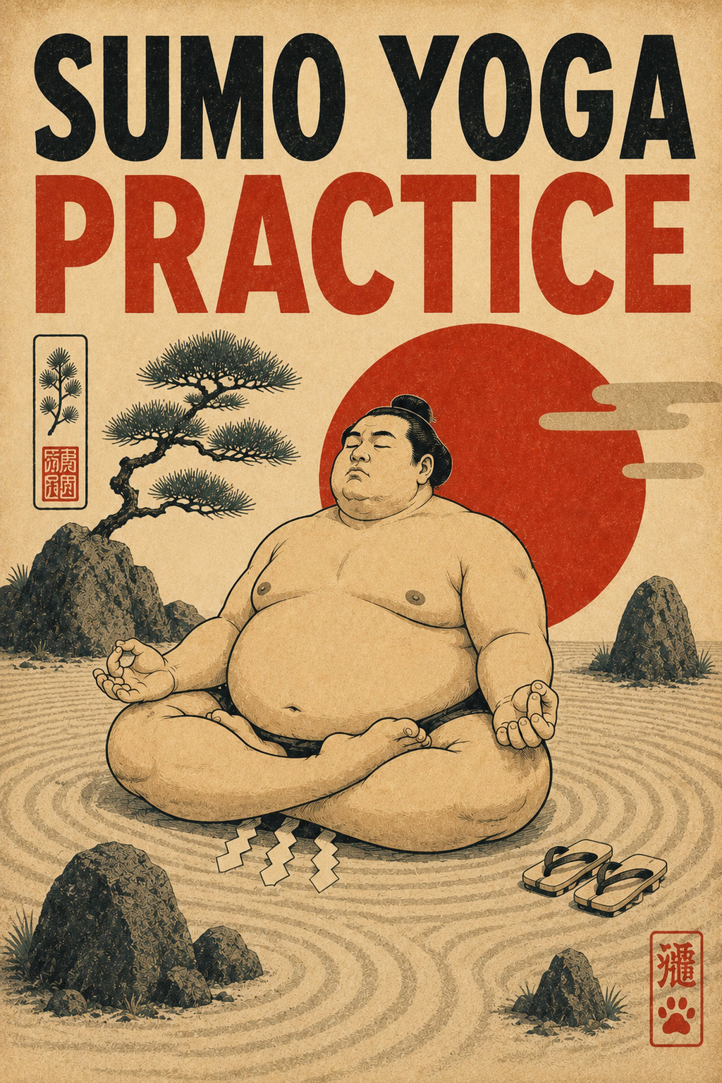 Sumo Yoga Practice Japanese Retro Poster Print