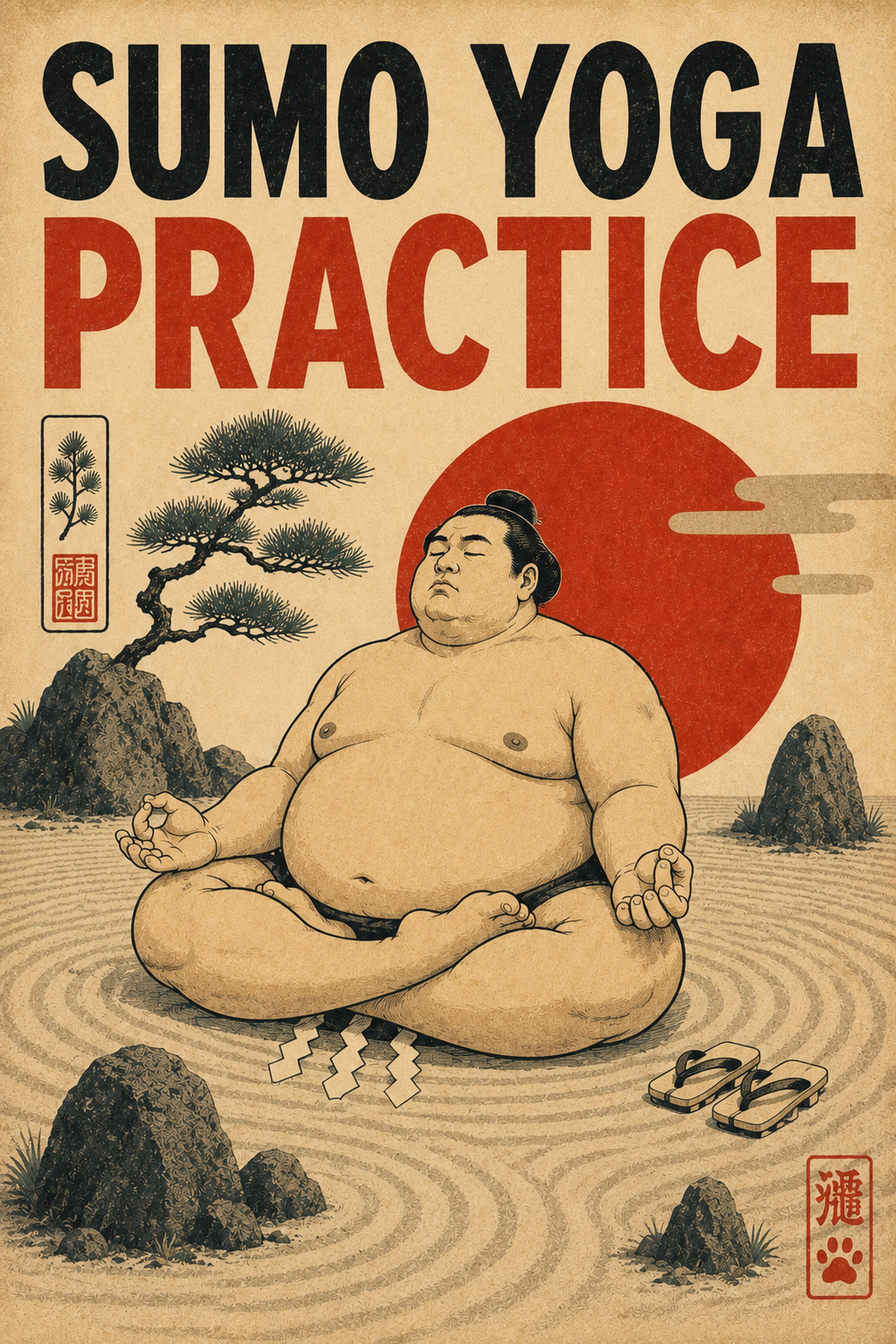 Sumo Yoga Practice Japanese Retro Poster Print