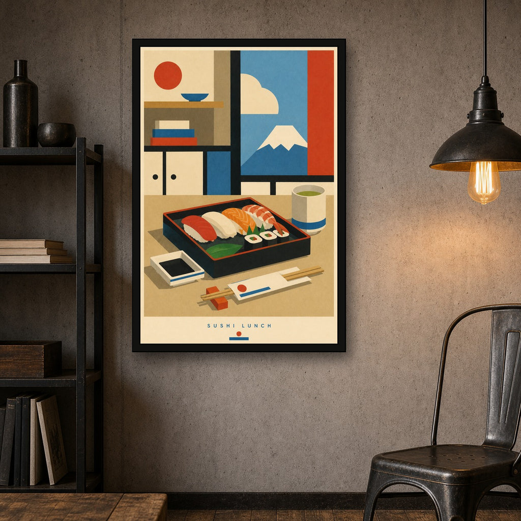 Sushi Lunch Japanese Retro Poster Print - 2x3 room mockup