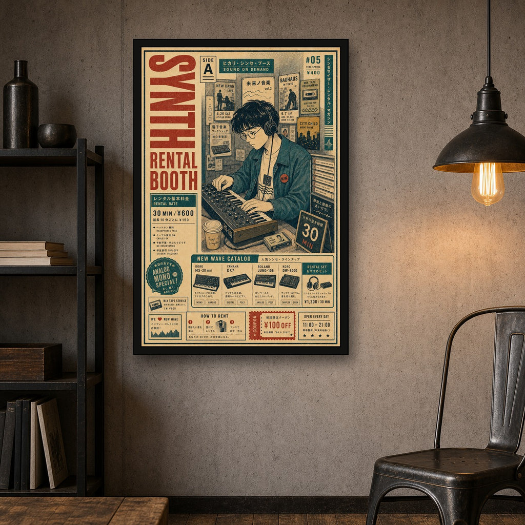 Synth Rental Booth Japanese Retro Poster Print - 2x3 room mockup