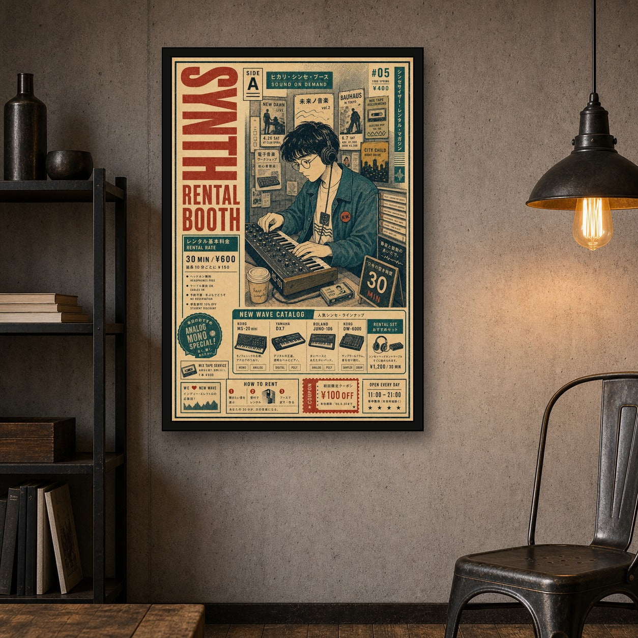 Synth Rental Booth Japanese Retro Poster Print - 2x3 room mockup