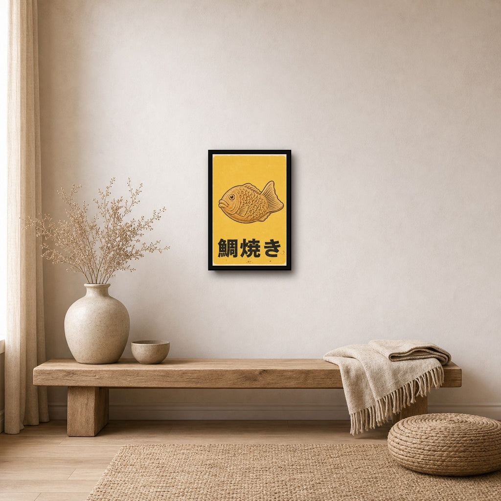 Taiyaki Retro Art Print, Japanese Street Food Poster, Golden Yellow Kitchen & Cafe Wall Decor - 2x3 room mockup