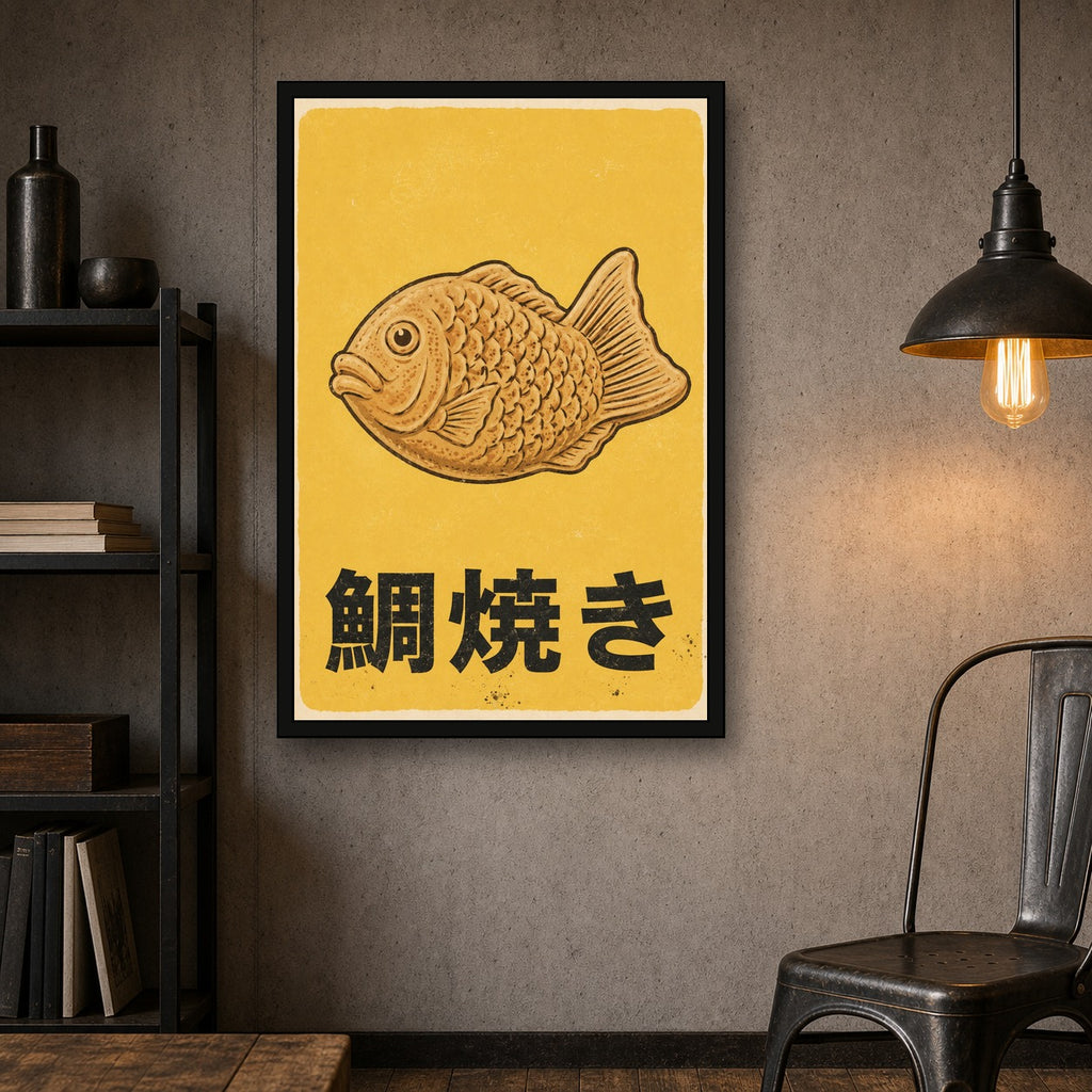 Taiyaki Retro Art Print, Japanese Street Food Poster, Golden Yellow Kitchen & Cafe Wall Decor - 2x3 room mockup