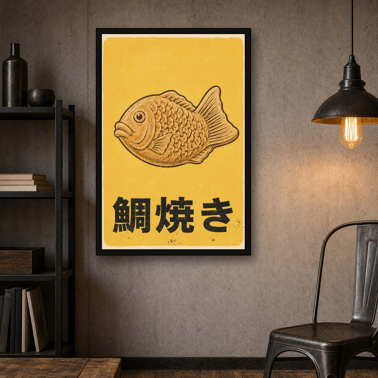 Taiyaki Retro Art Print, Japanese Street Food Poster, Golden Yellow Kitchen & Cafe Wall Decor - 2x3 room mockup