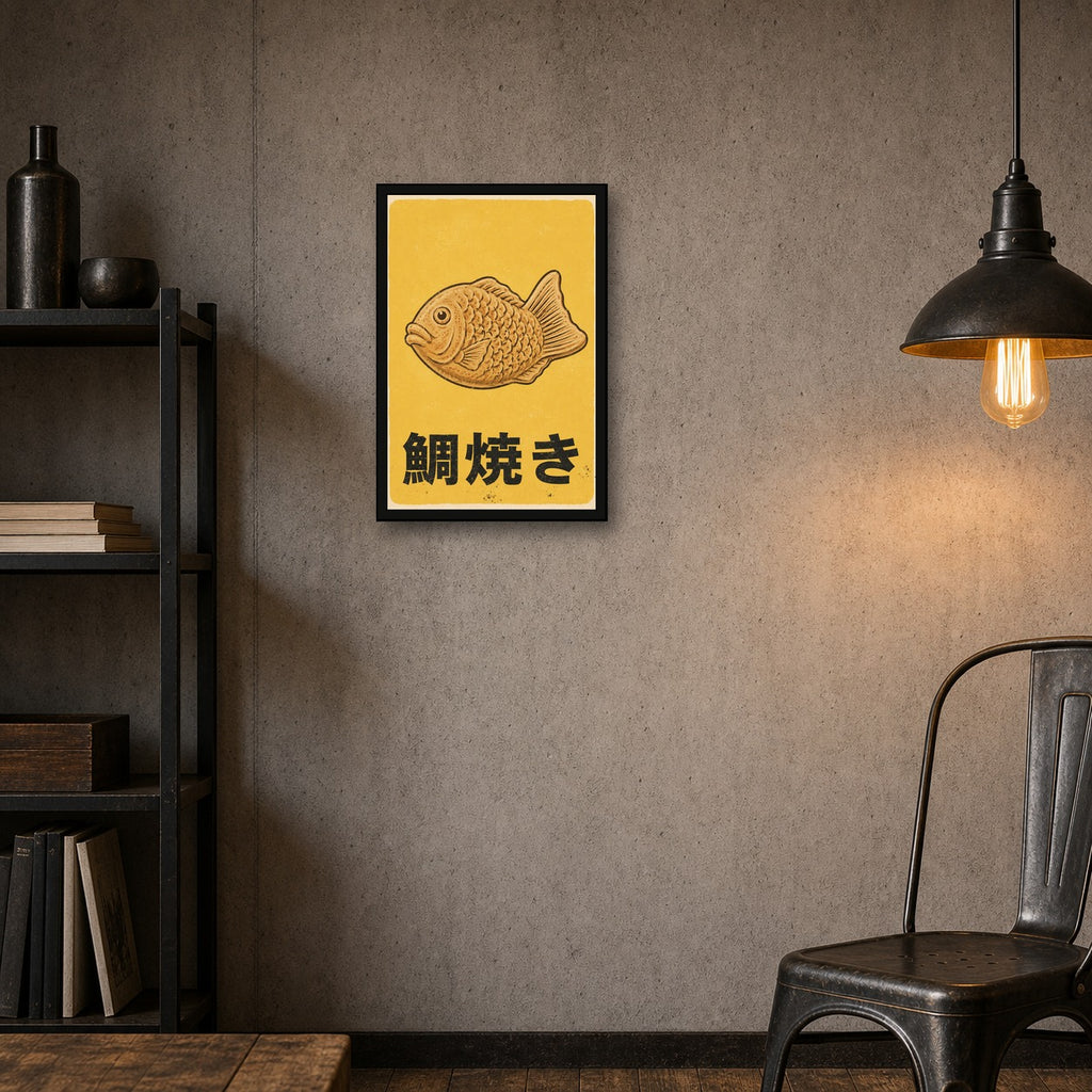 Taiyaki Retro Art Print, Japanese Street Food Poster, Golden Yellow Kitchen & Cafe Wall Decor - 2x3 room mockup