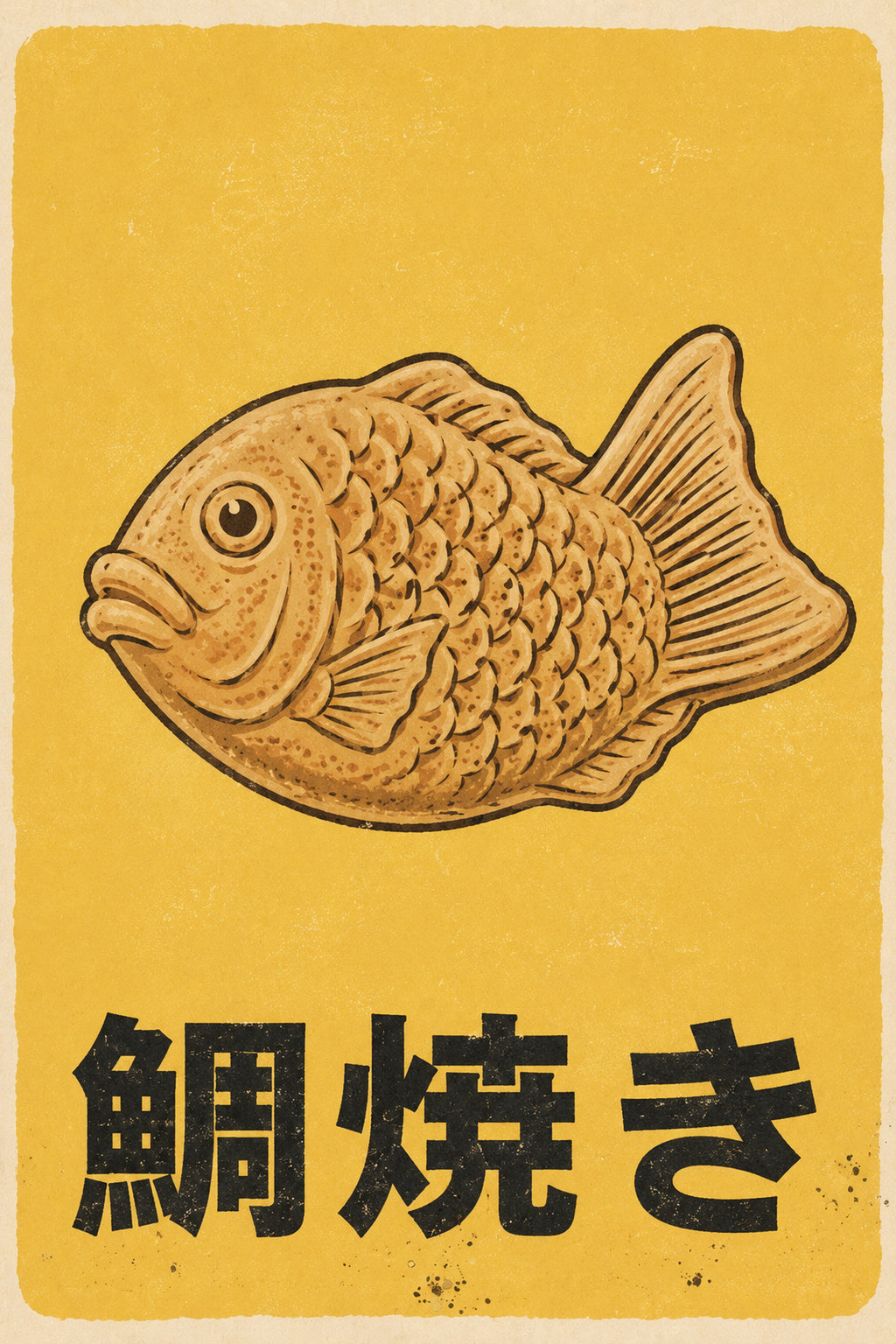 Taiyaki Retro Art Print, Japanese Street Food Poster, Golden Yellow Kitchen & Cafe Wall Decor