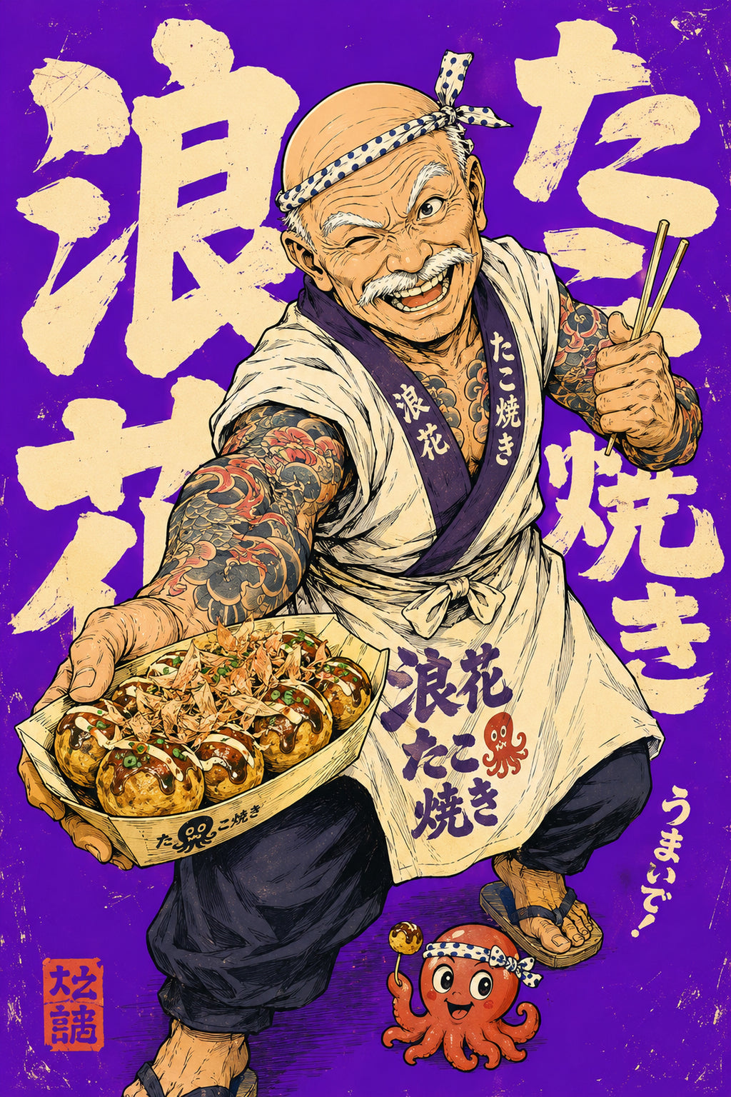 Takoyaki Chef Smile Japanese Retro Poster Print