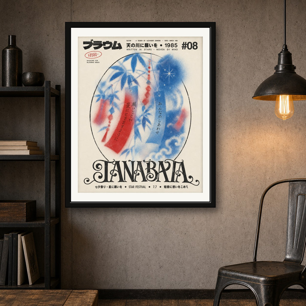 Tanabata Festival Art Print - Japanese Star Festival Poster, Blue & Red Aesthetic Wall Art in Your Choice of Six Sizes - corrected 4x5 room mockup