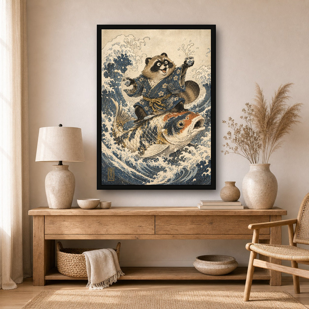 Tanuki Koi Surf Japanese Retro Poster Print - A room mockup