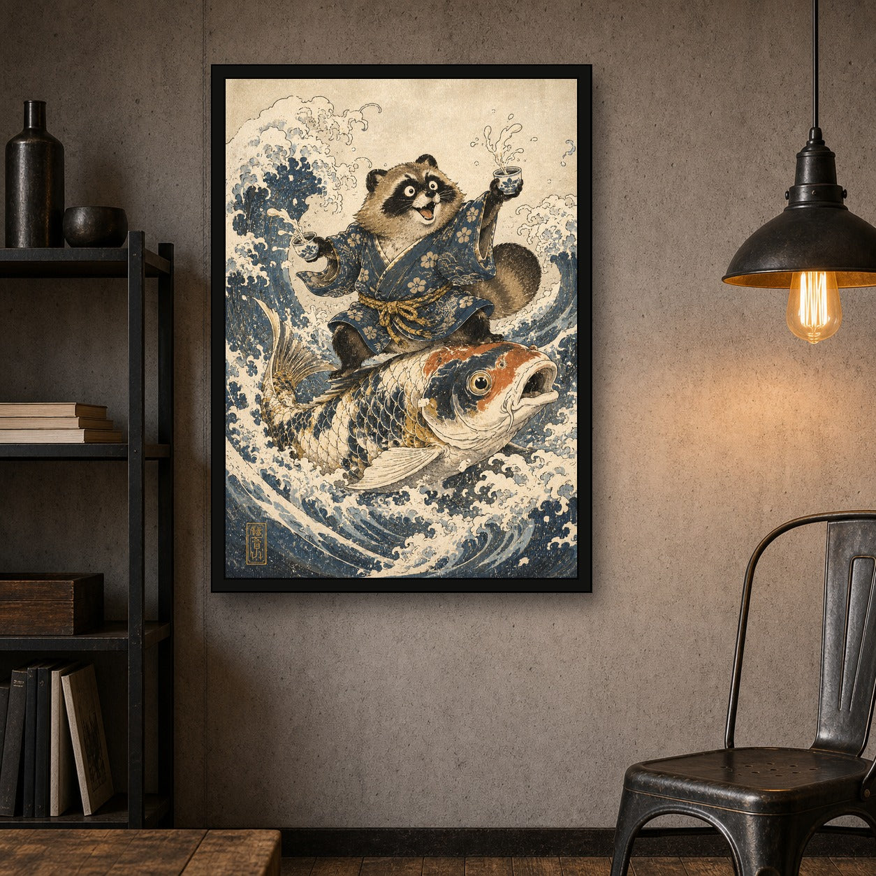 Tanuki Koi Surf Japanese Retro Poster Print - A room mockup