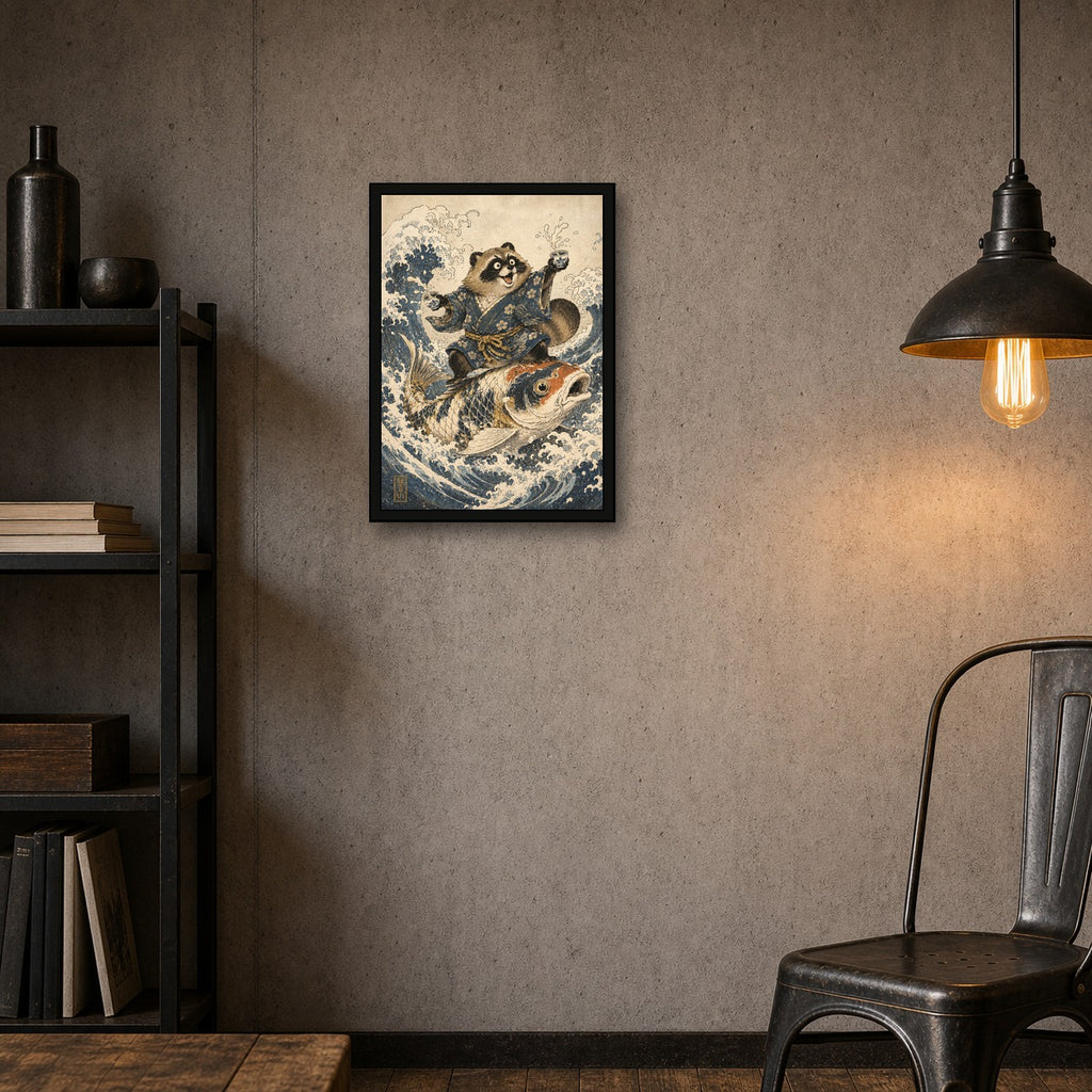 Tanuki Koi Surf Japanese Retro Poster Print - A room mockup