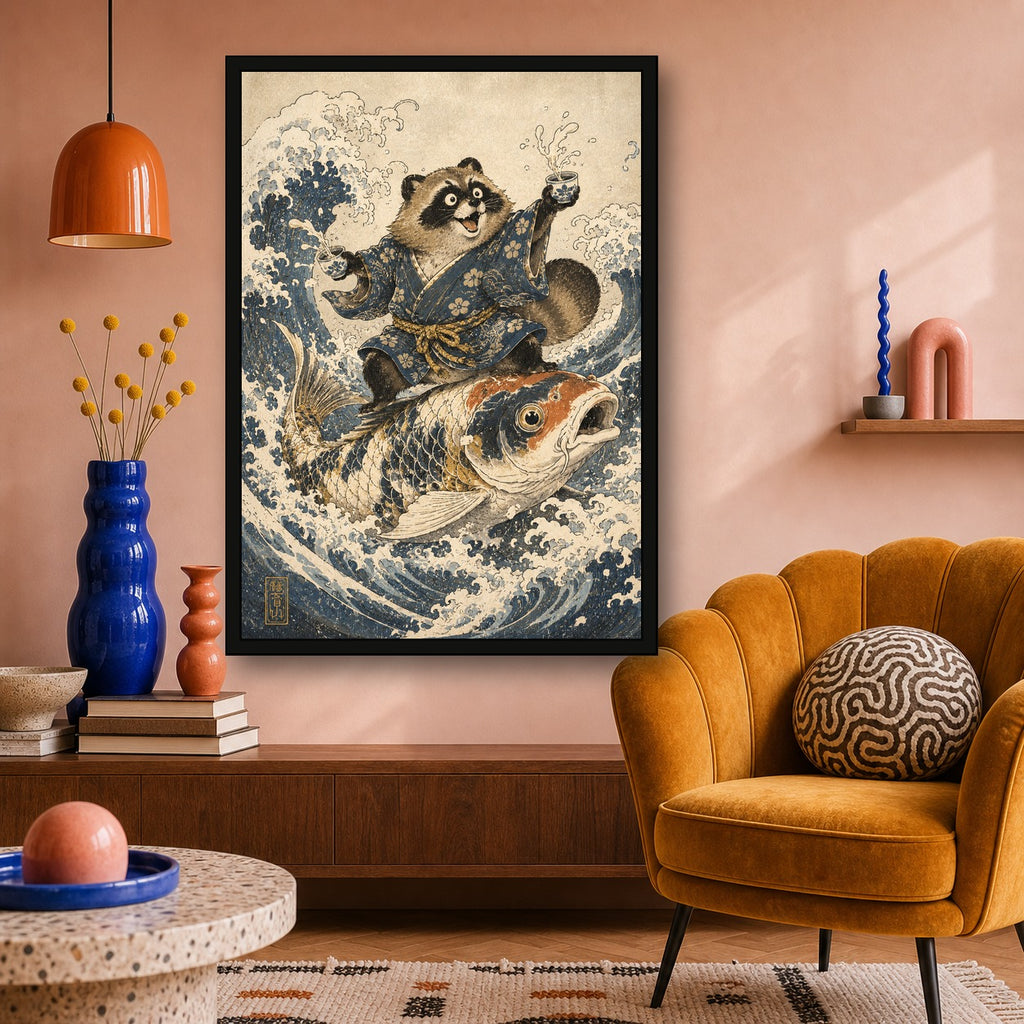 Tanuki Koi Surf Japanese Retro Poster Print - A room mockup