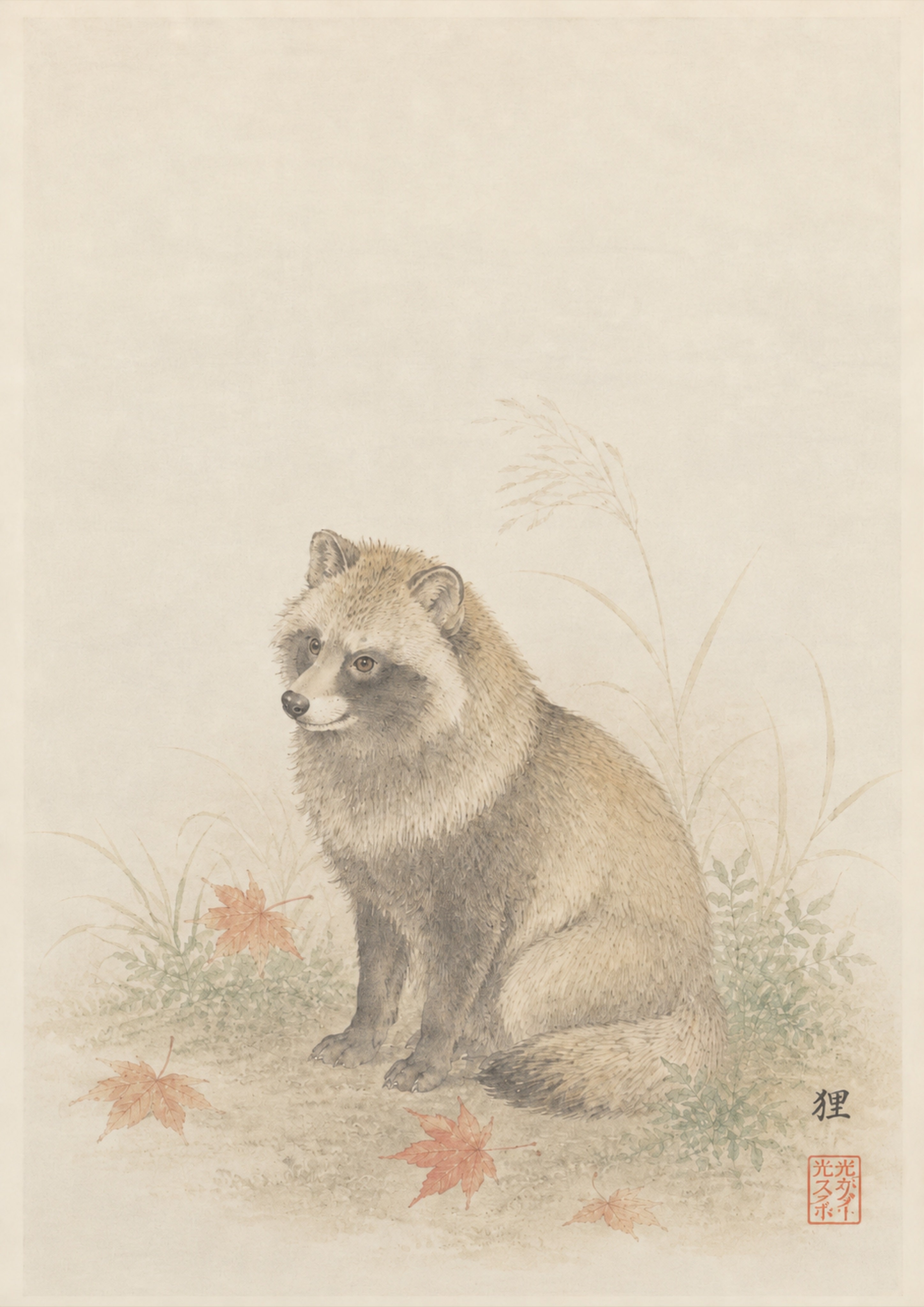 Tanuki Maple Study Japanese inspired poster print for modern wall decor