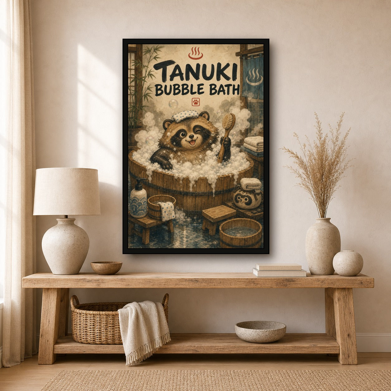 Tanukibubblebath Japanese Retro Poster Print - 2x3 room mockup