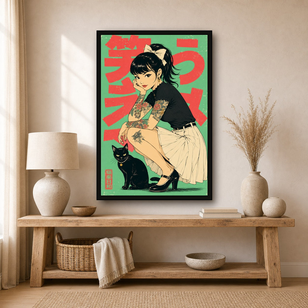 Tattoo Girl Black Cat Japanese Retro Poster Print - 2x3 room mockup