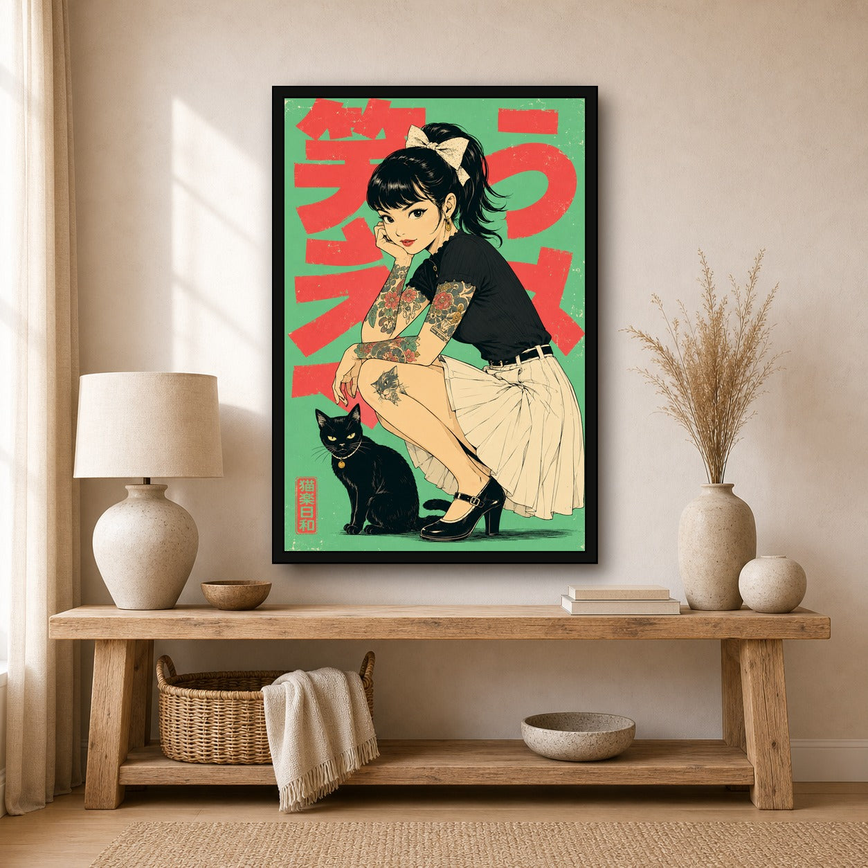 Tattoo Girl Black Cat Japanese Retro Poster Print - 2x3 room mockup