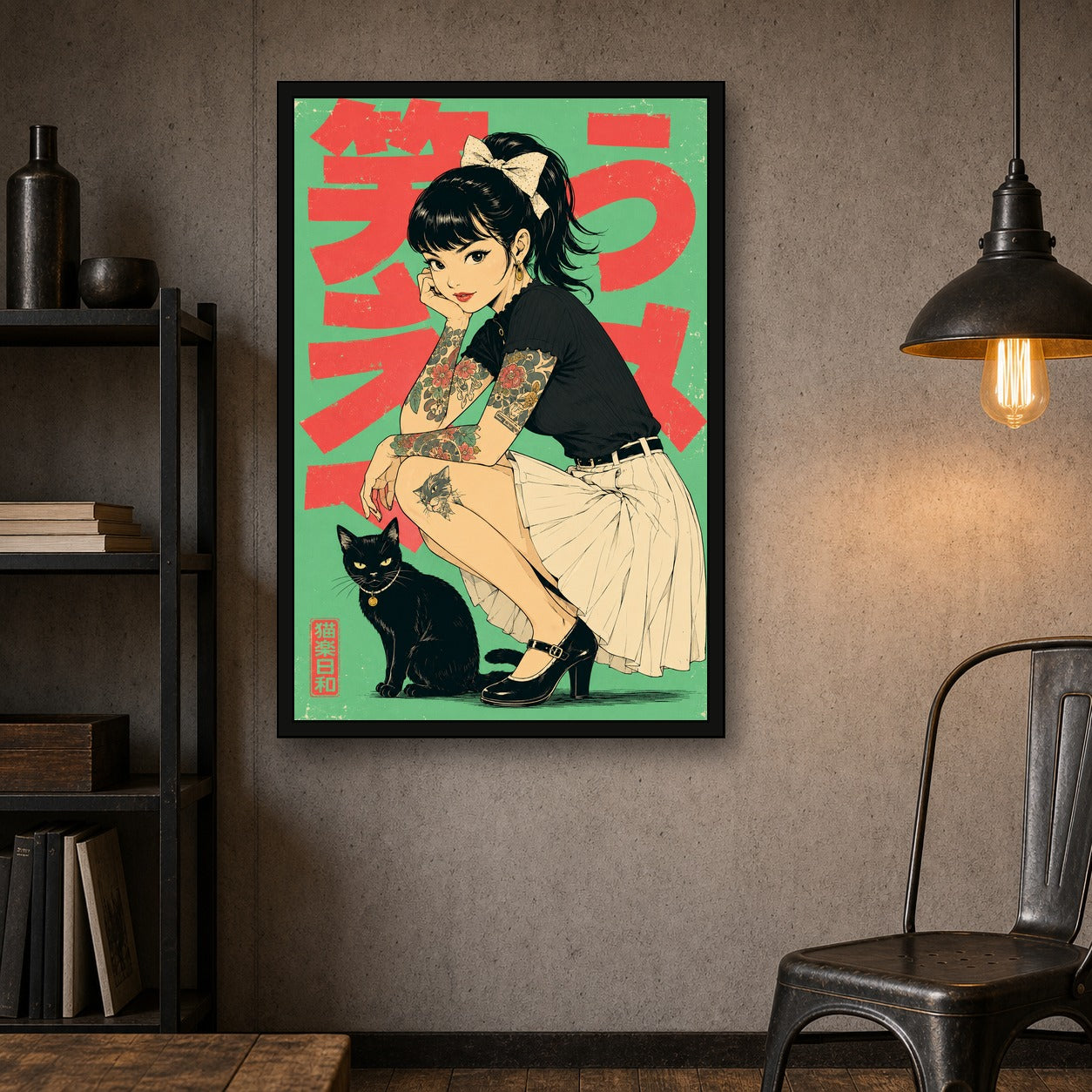 Tattoo Girl Black Cat Japanese Retro Poster Print - 2x3 room mockup