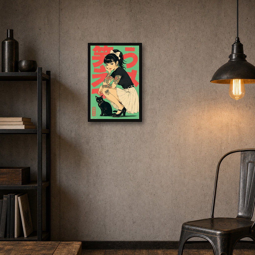 Tattoo Girl Black Cat Japanese Retro Poster Print - 2x3 room mockup