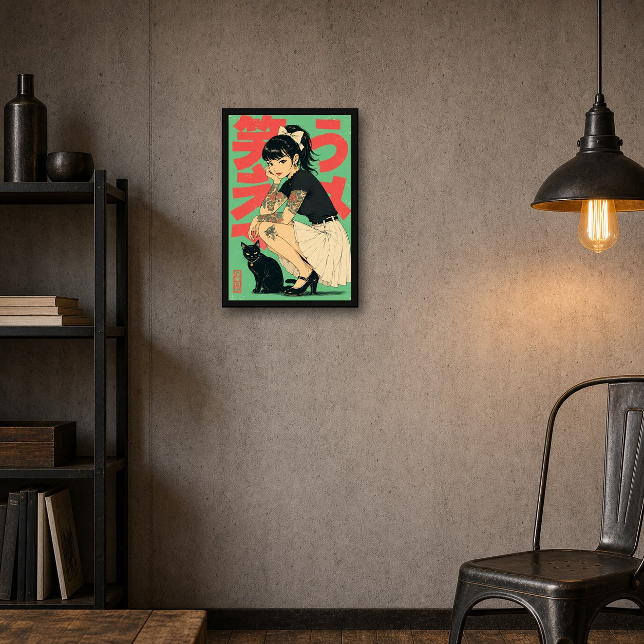 Tattoo Girl Black Cat Japanese Retro Poster Print - 2x3 room mockup