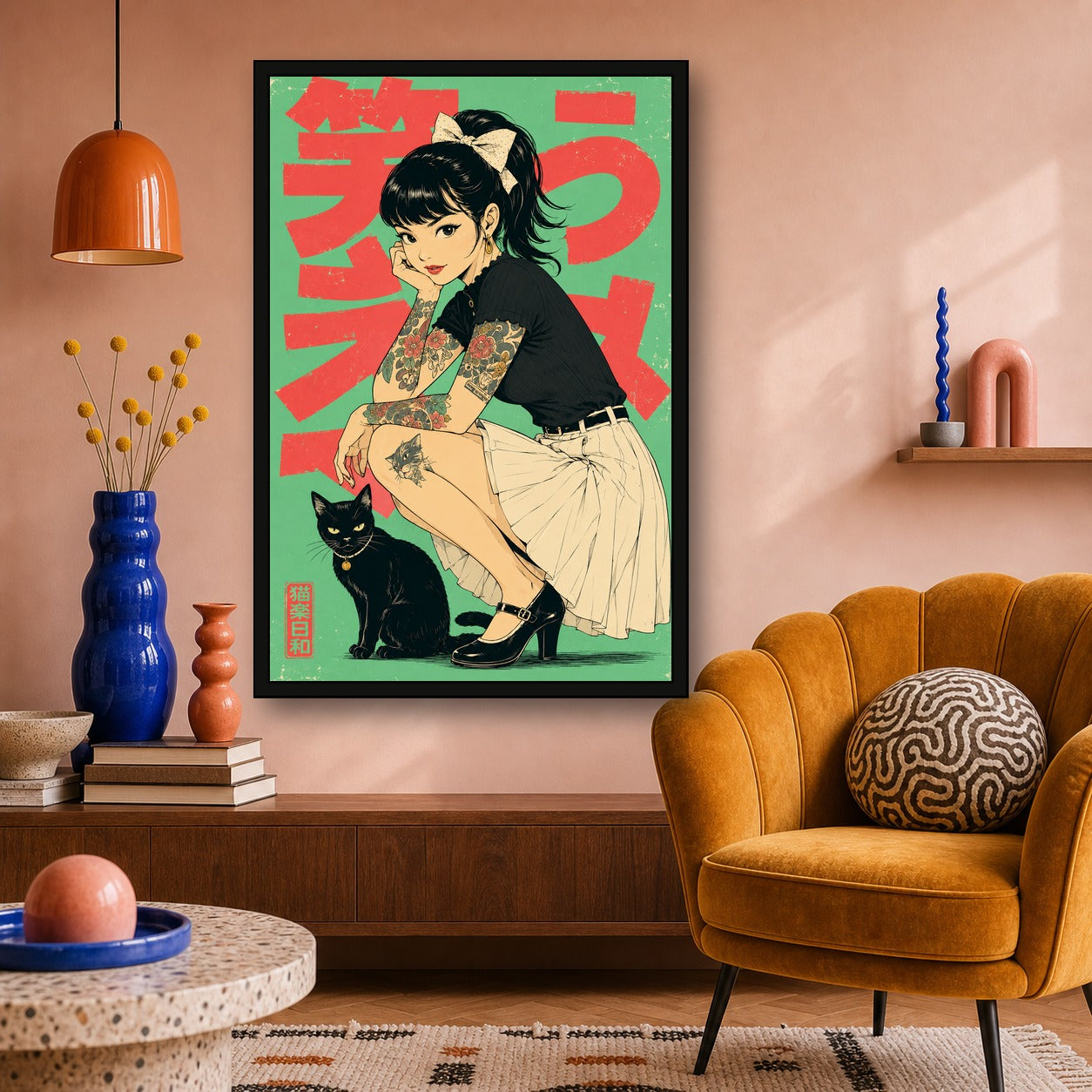 Tattoo Girl Black Cat Japanese Retro Poster Print - 2x3 room mockup