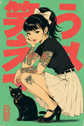 Tattoo Girl Black Cat Japanese Retro Poster Print
