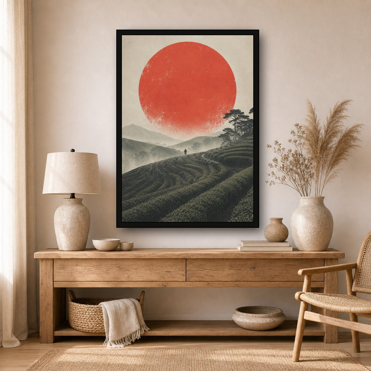 Tea Fields Red Sun Poster, Japanese Landscape Wall Art, Travel Print - A room mockup