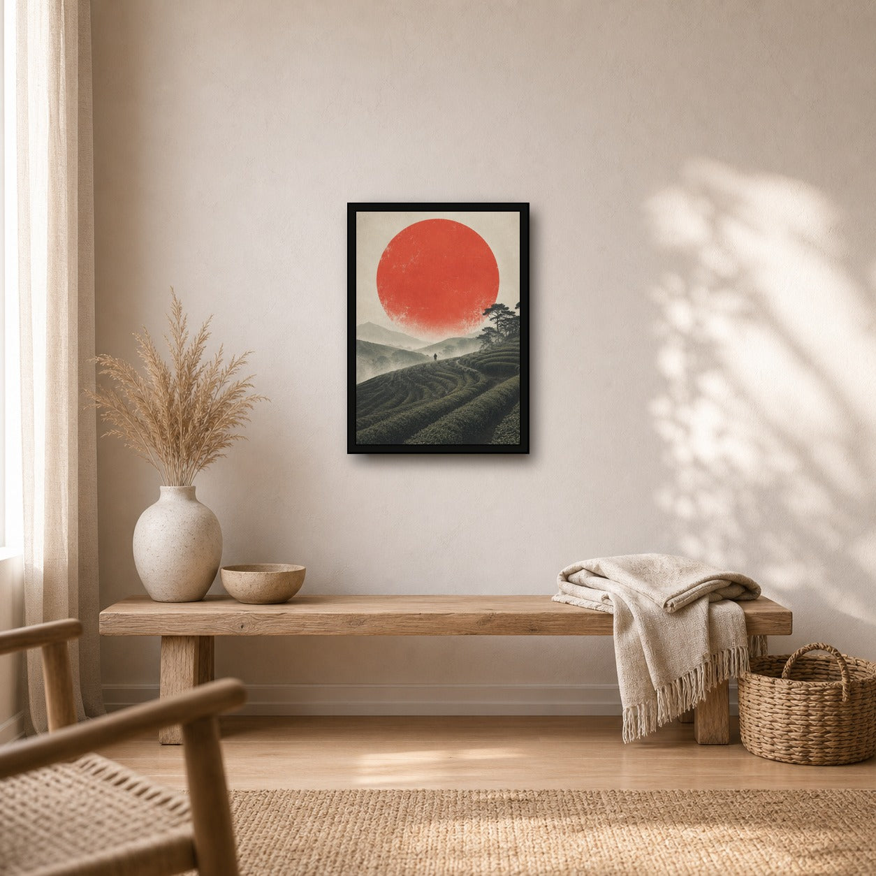 Tea Fields Red Sun Poster, Japanese Landscape Wall Art, Travel Print - A room mockup