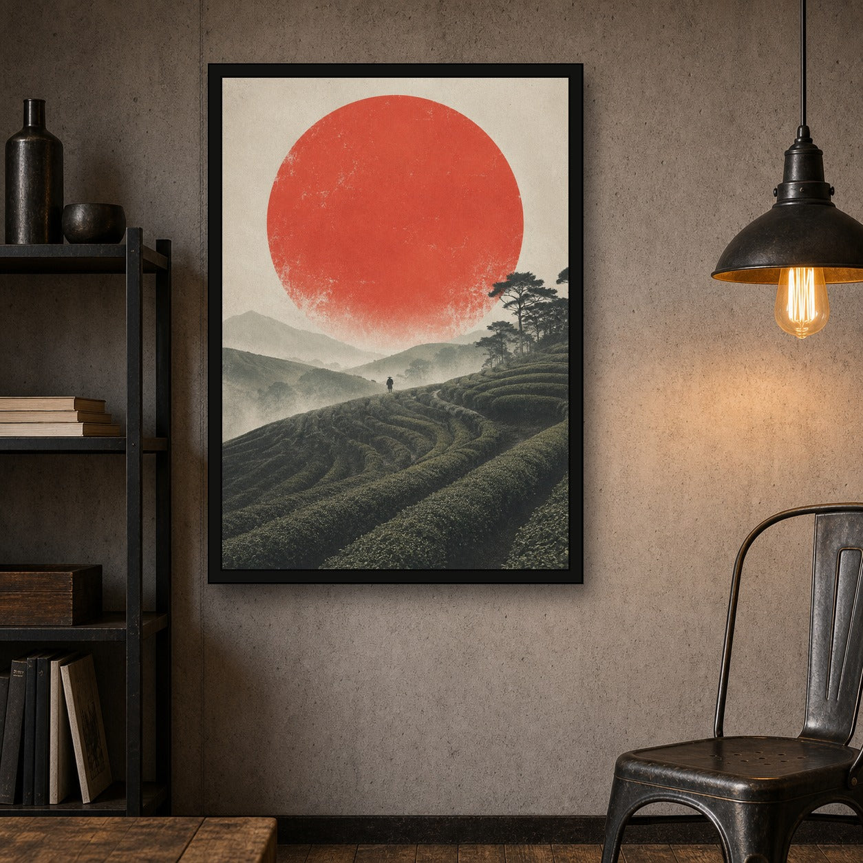 Tea Fields Red Sun Poster, Japanese Landscape Wall Art, Travel Print - A room mockup