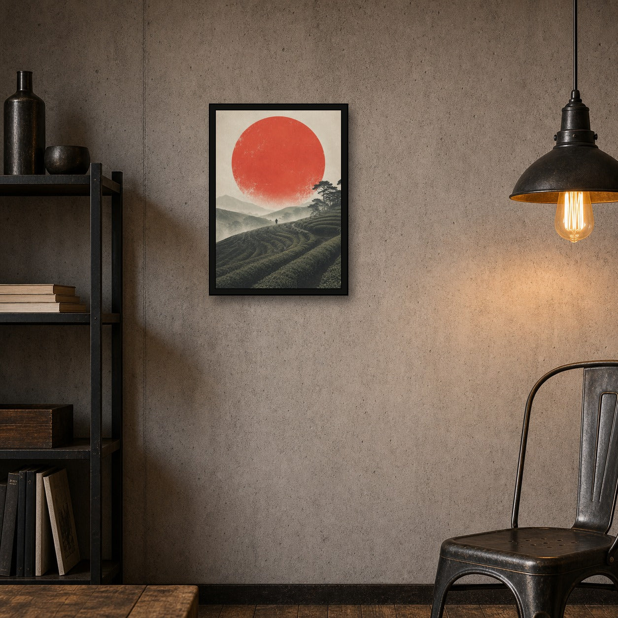 Tea Fields Red Sun Poster, Japanese Landscape Wall Art, Travel Print - A room mockup