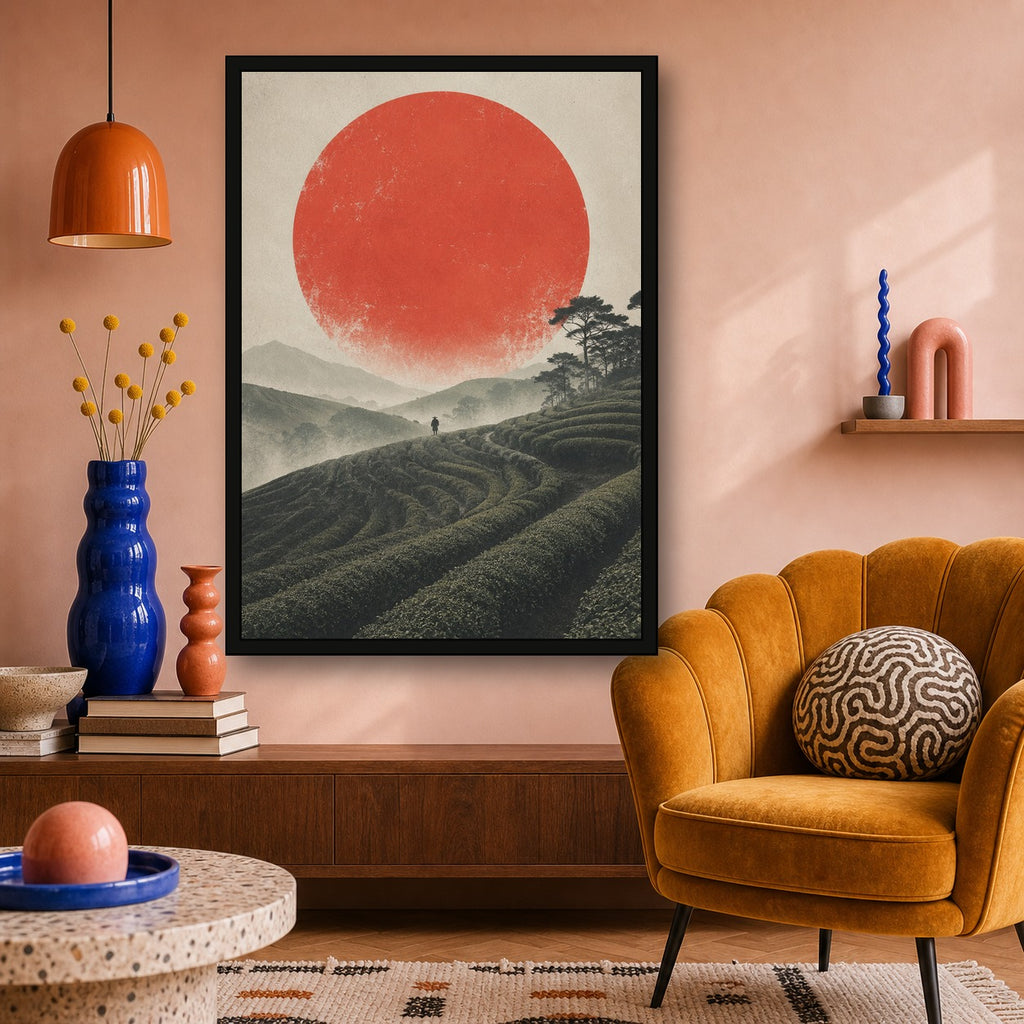 Tea Fields Red Sun Poster, Japanese Landscape Wall Art, Travel Print - A room mockup