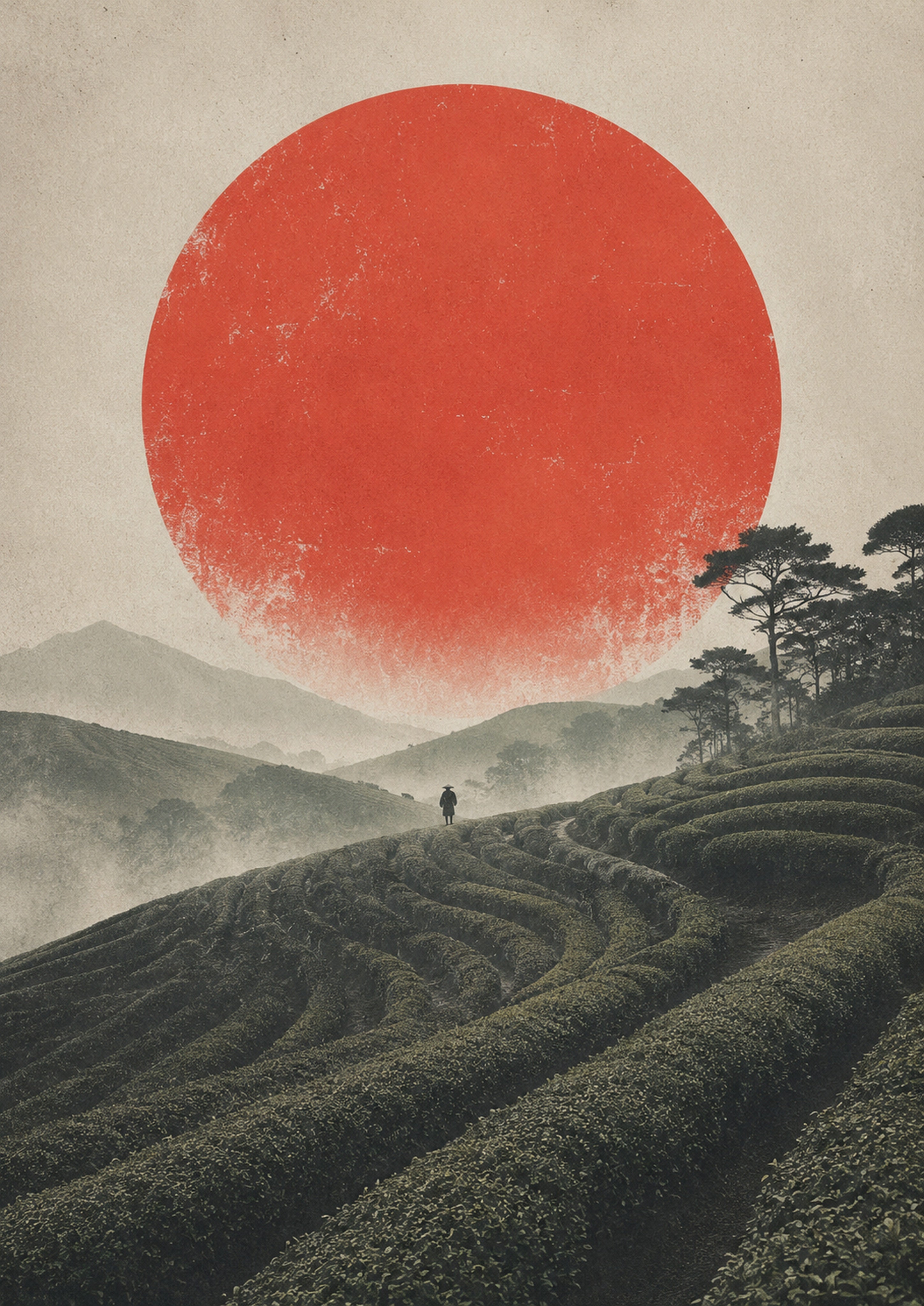 Tea Fields Red Sun Poster, Japanese Landscape Wall Art, Travel Print - full A artwork