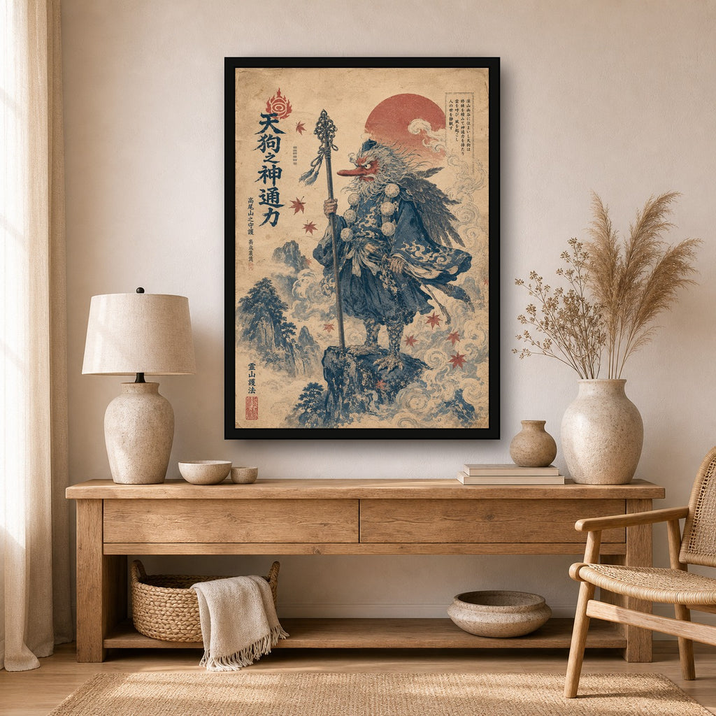 Tengu Traveler Japanese Retro Poster Print - A room mockup