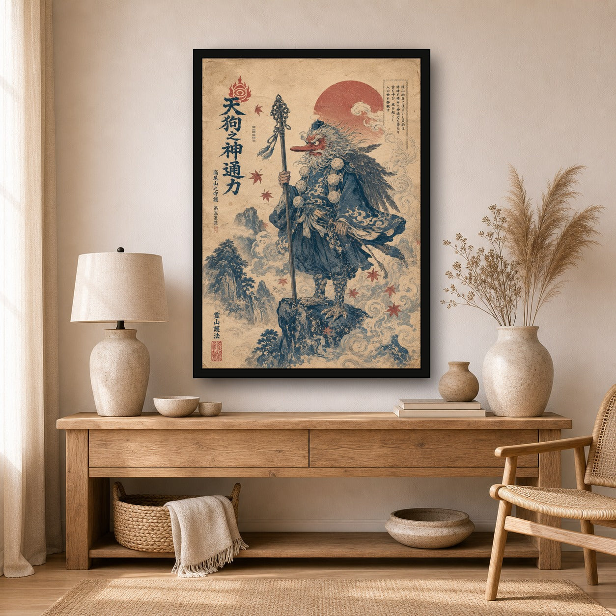 Tengu Traveler Japanese Retro Poster Print - A room mockup