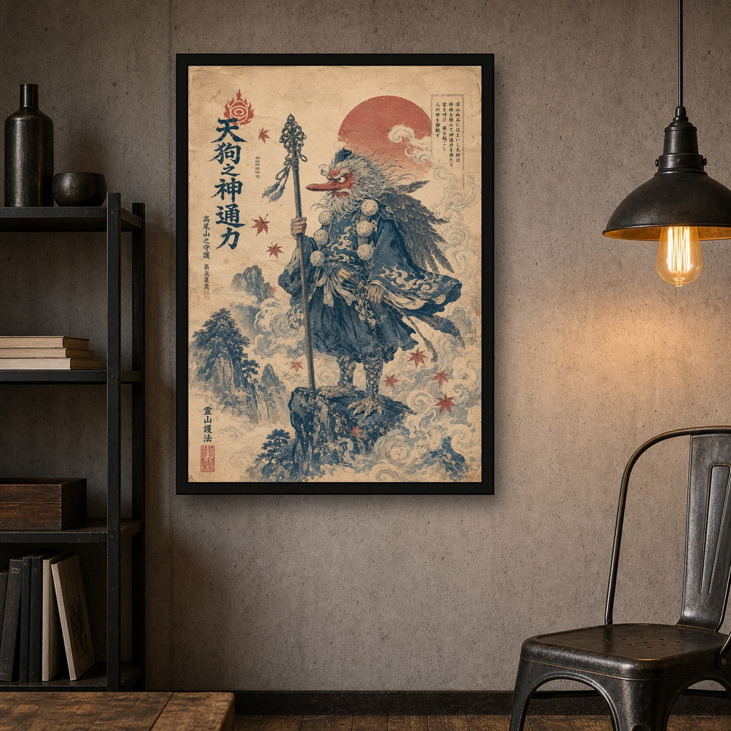 Tengu Traveler Japanese Retro Poster Print - A room mockup