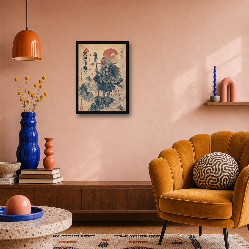 Tengu Traveler Japanese Retro Poster Print - A room mockup