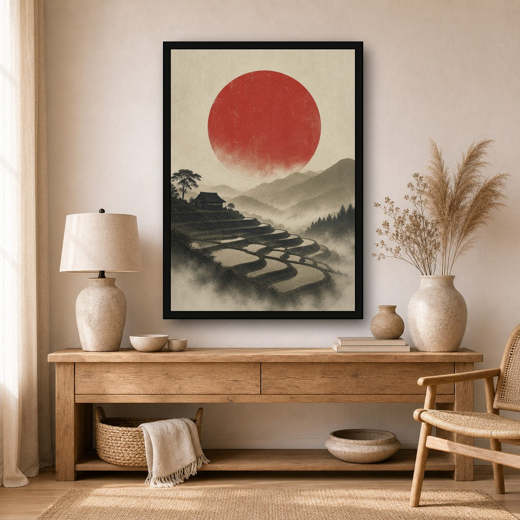 Terraced Fields Red Sun Poster, Japanese Landscape Wall Art, Travel Print - A room mockup