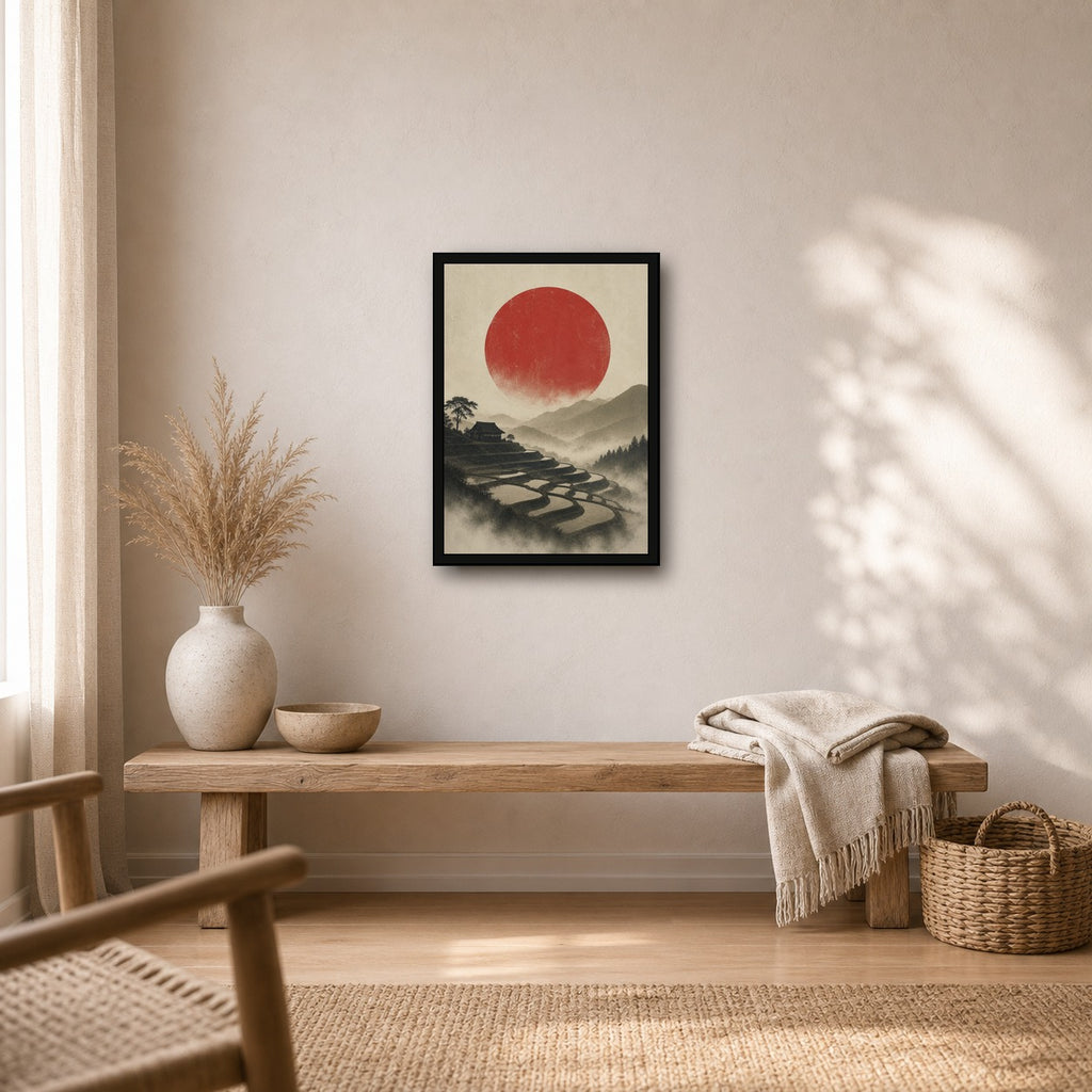 Terraced Fields Red Sun Poster, Japanese Landscape Wall Art, Travel Print - A room mockup