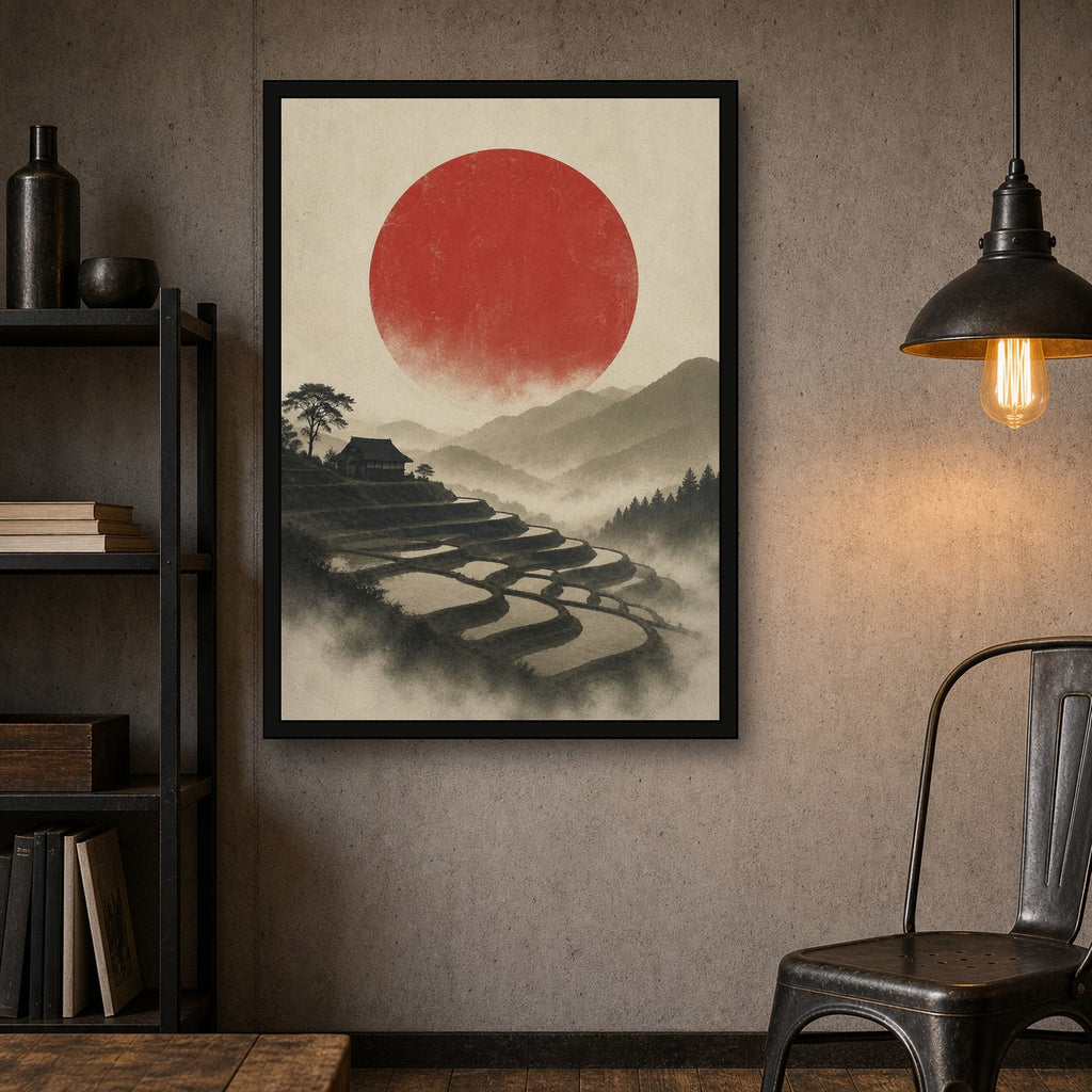 Terraced Fields Red Sun Poster, Japanese Landscape Wall Art, Travel Print - A room mockup