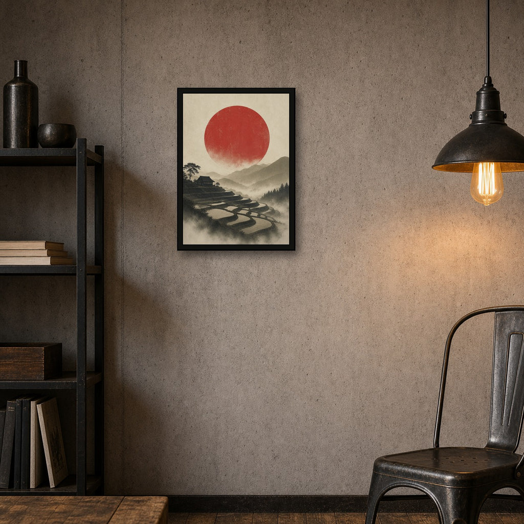 Terraced Fields Red Sun Poster, Japanese Landscape Wall Art, Travel Print - A room mockup