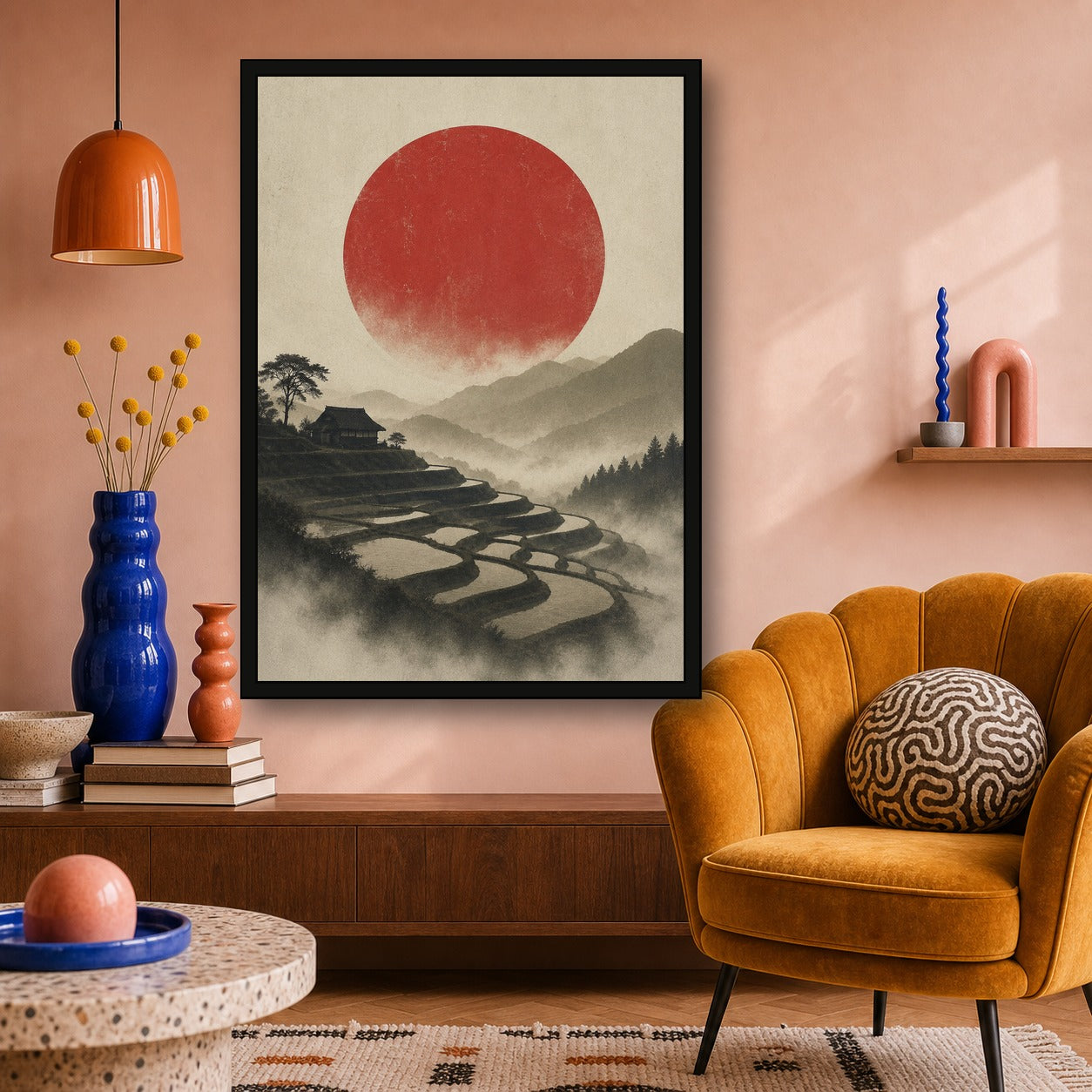 Terraced Fields Red Sun Poster, Japanese Landscape Wall Art, Travel Print - A room mockup