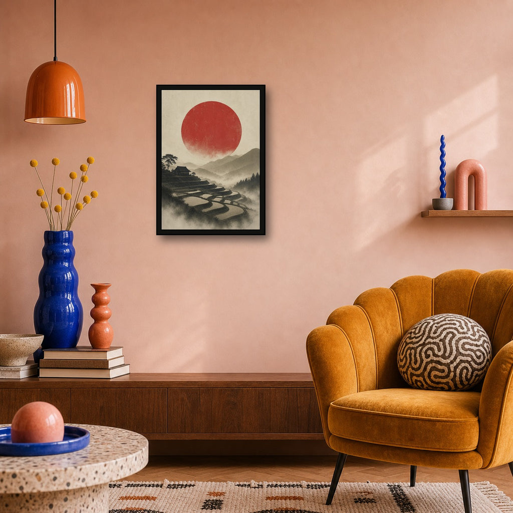 Terraced Fields Red Sun Poster, Japanese Landscape Wall Art, Travel Print - A room mockup