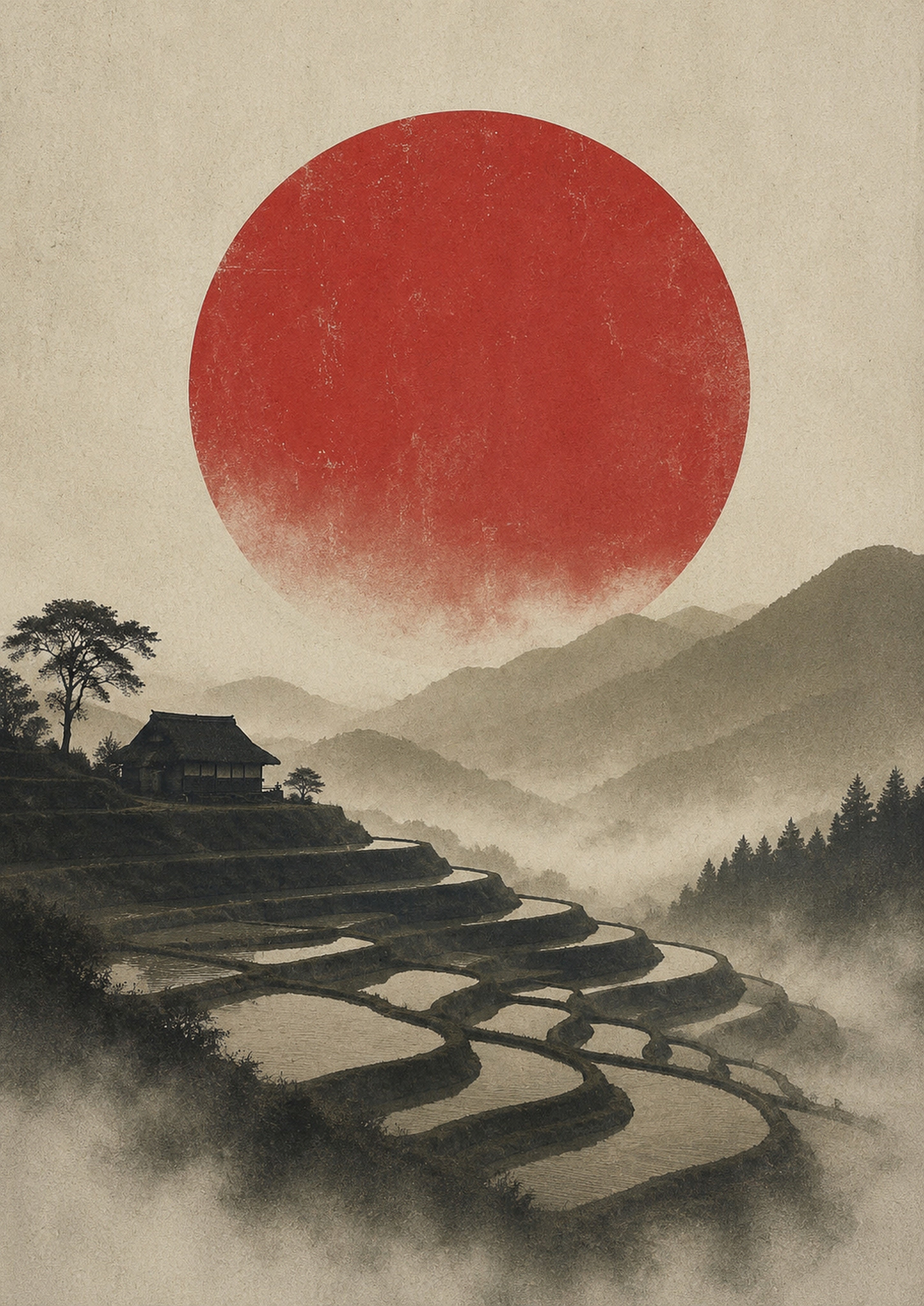 Terraced Fields Red Sun Poster, Japanese Landscape Wall Art, Travel Print
