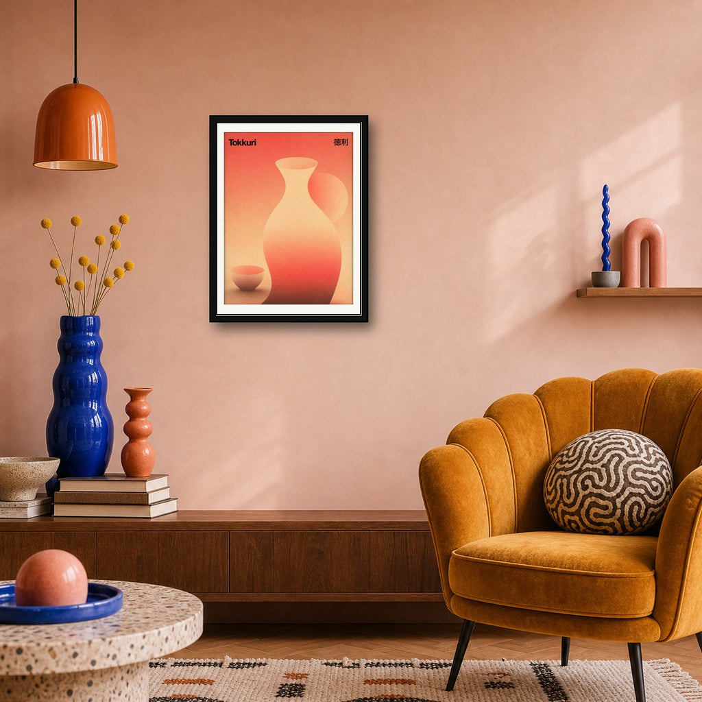 Tokkuri & Sakazuki Art Print, Abstract Japanese Decor, Minimalist Living Room Wall Art, in Your Choice of Six Sizes - corrected 3x4 room mockup