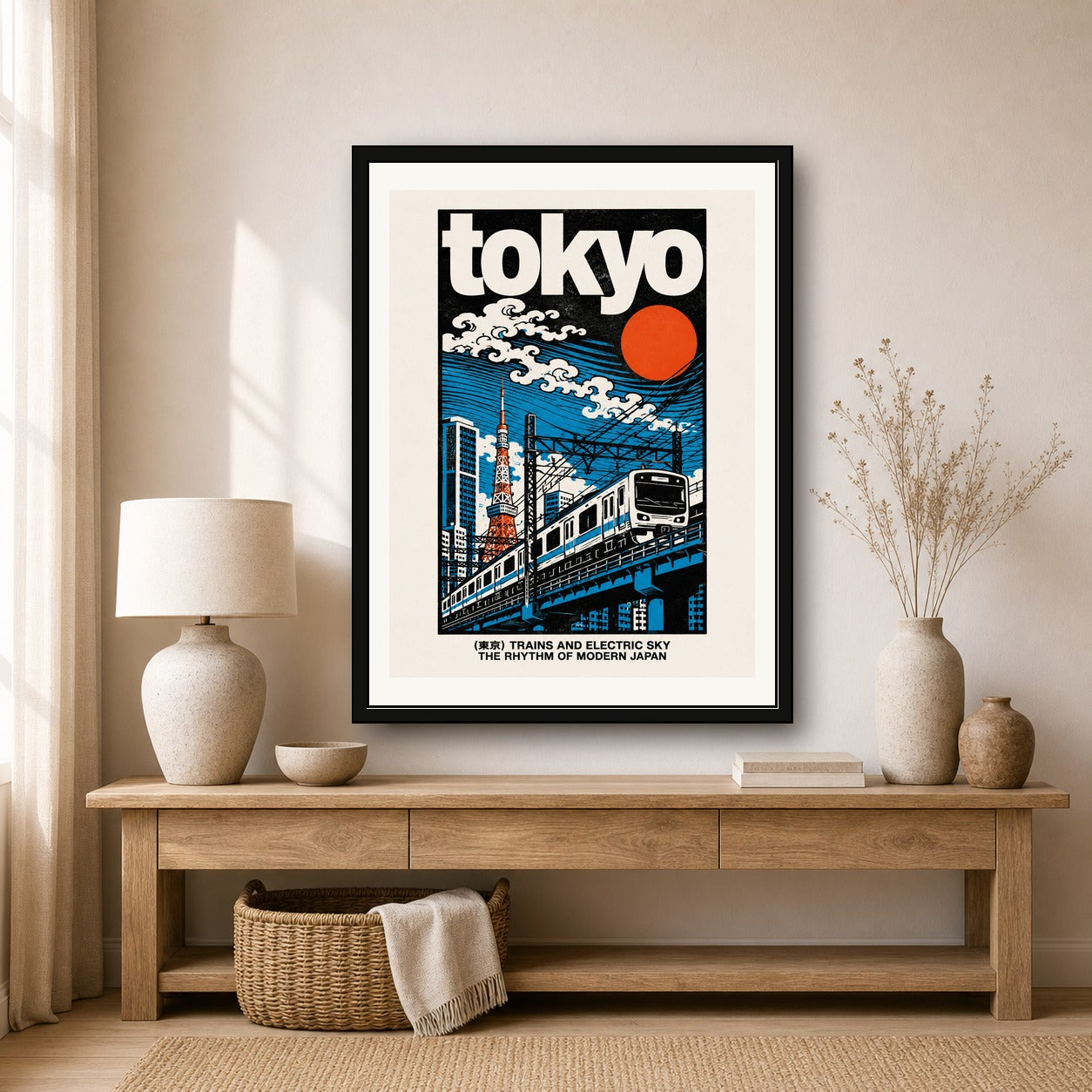 Tokyo Cityscape & Train Poster, Vibrant Retro Japan Art, Ukiyo-e Inspired Travel Print in Multiple Sizes - corrected 3x4 room mockup